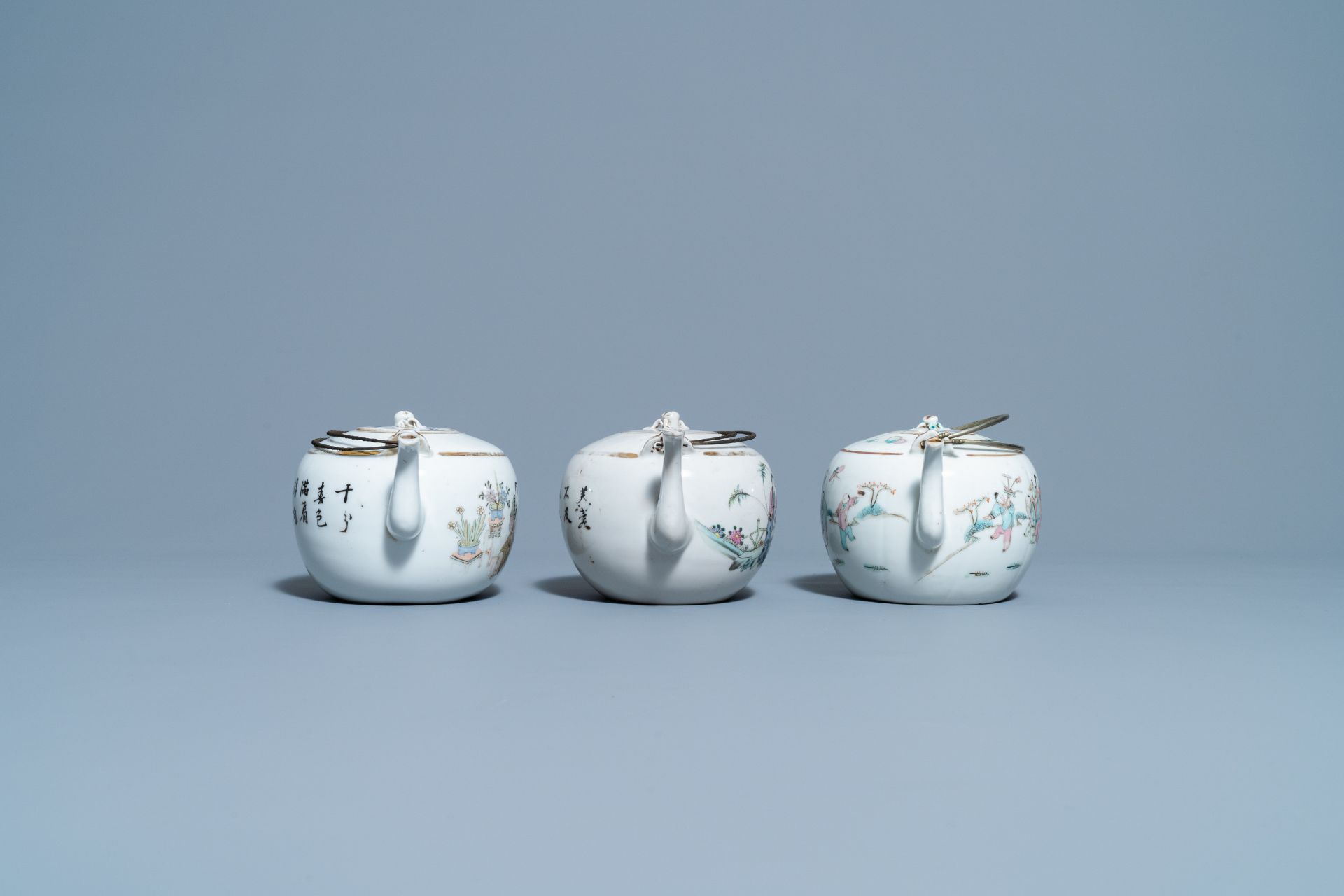 Four Chinese famille rose teapots, three bowls and a caddy, 19/20th C. - Image 6 of 20