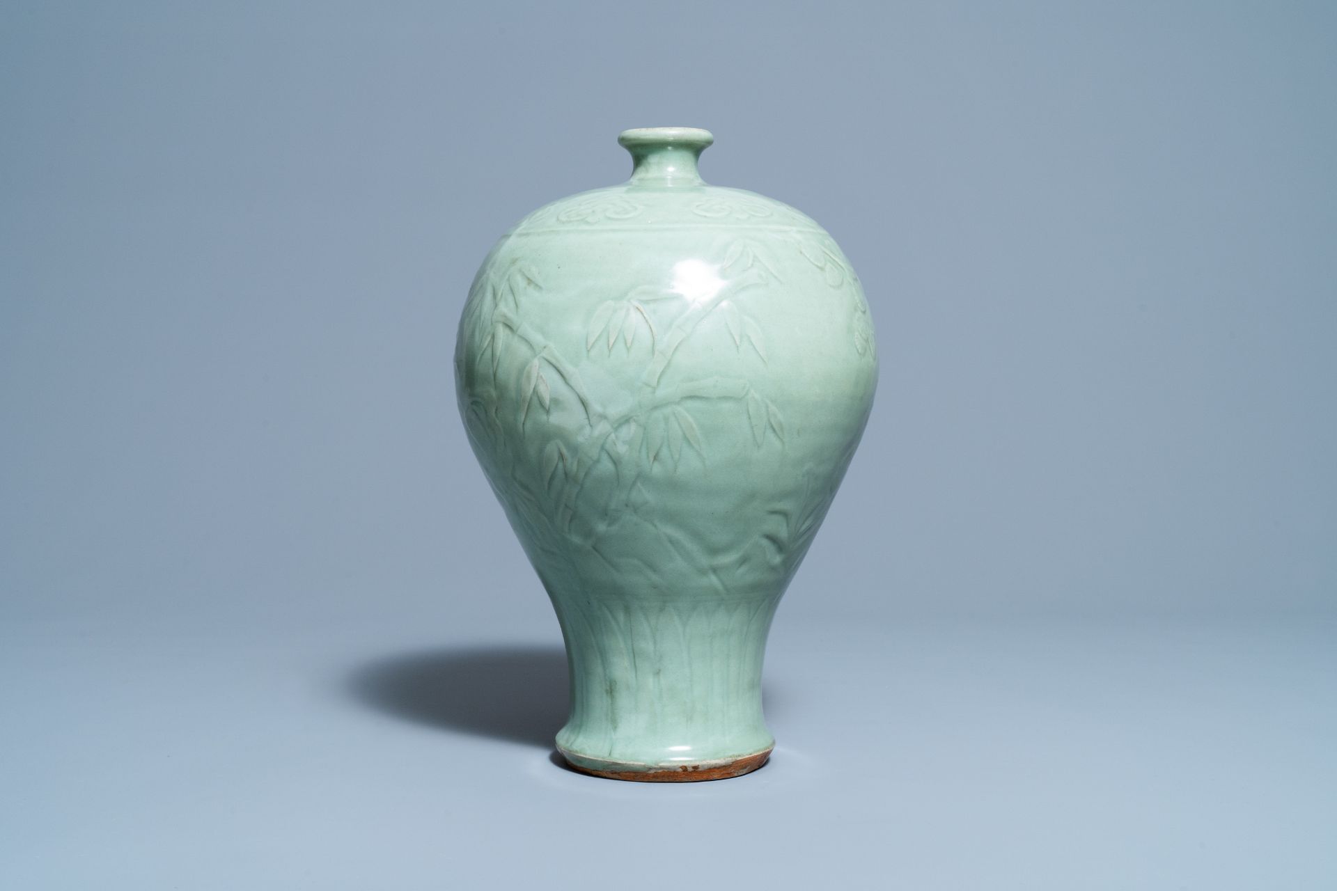 A Chinese Longquan celadon 'Three friends of winter' vase, 'meiping', Ming - Image 5 of 10