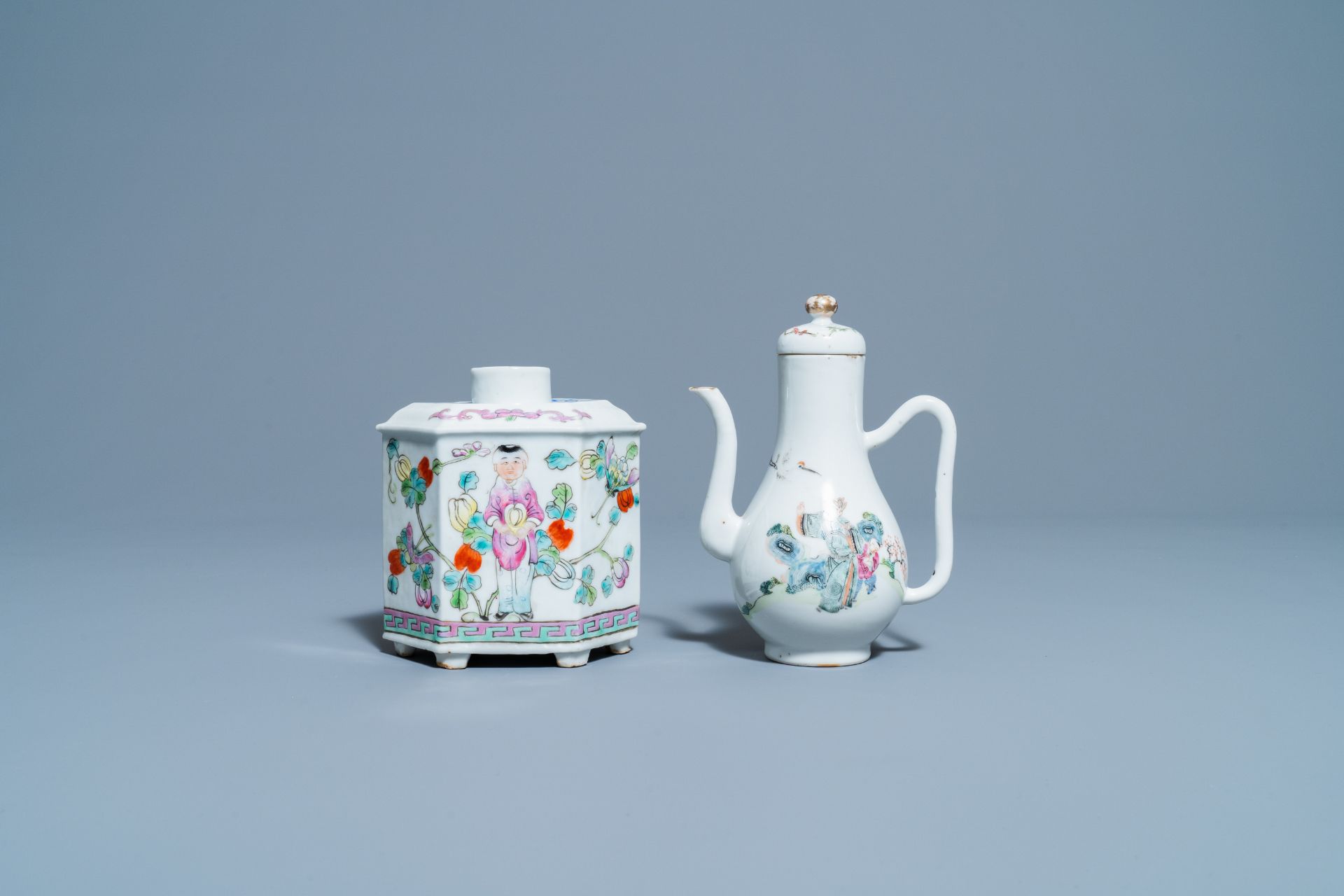 Four Chinese famille rose teapots, three bowls and a caddy, 19/20th C. - Image 9 of 20