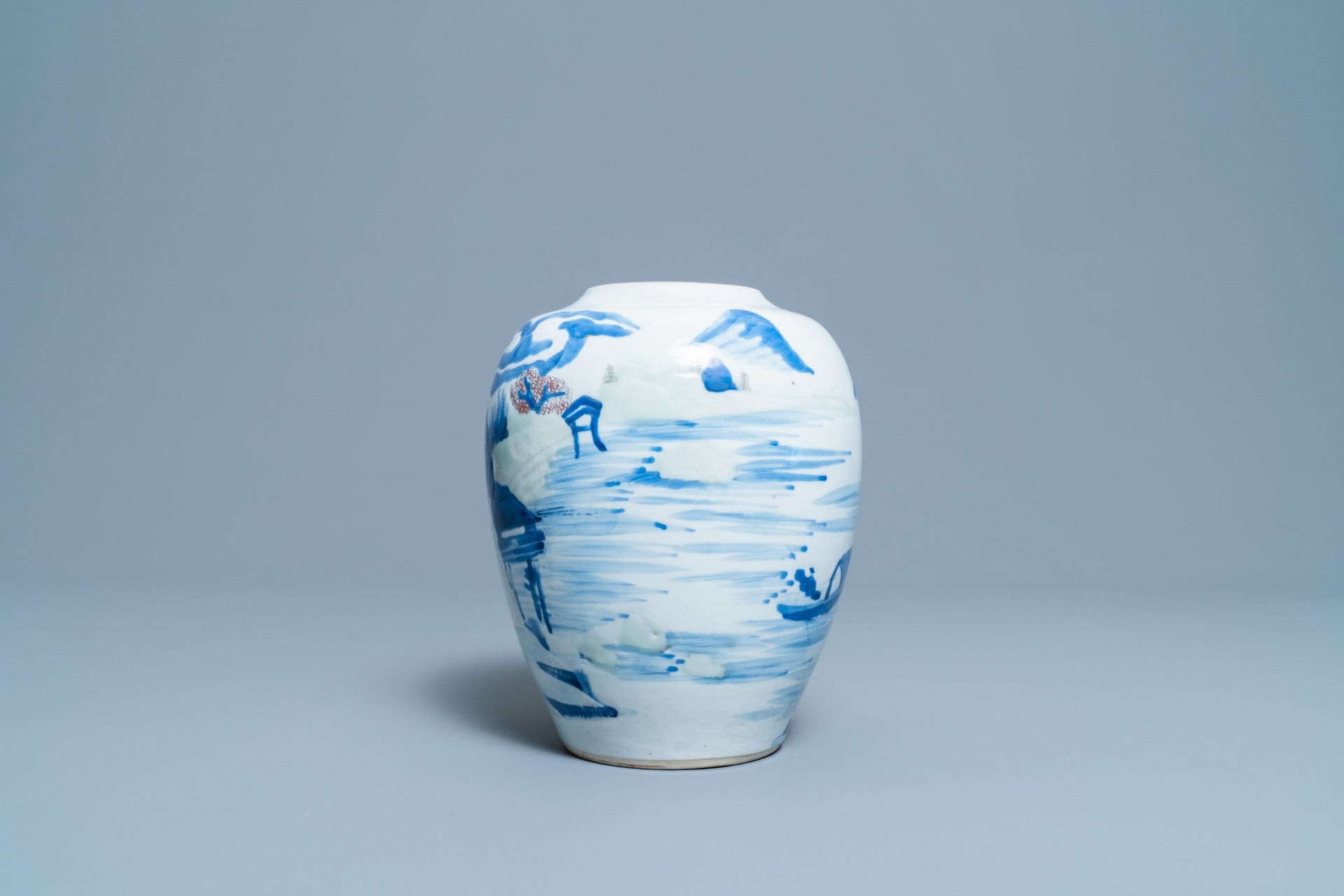 A Chinese blue, white, celadon and copper red vase with a landscape, Kangxi - Image 4 of 7