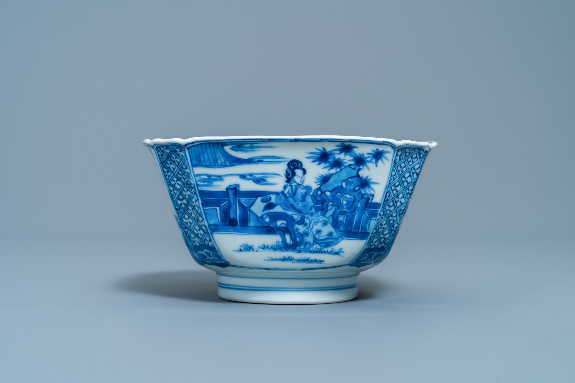 A Chinese blue and white bowl with a lady with cat, Kangxi mark and of the period - Image 4 of 15