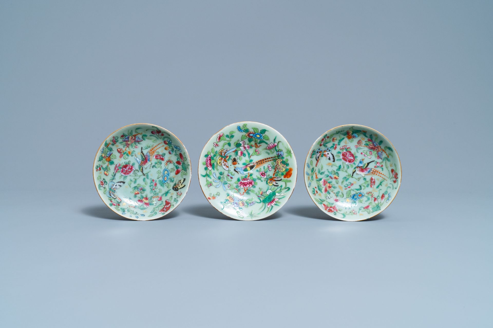 A Chinese Canton famille rose celadon-ground service, 19th C. - Image 6 of 37