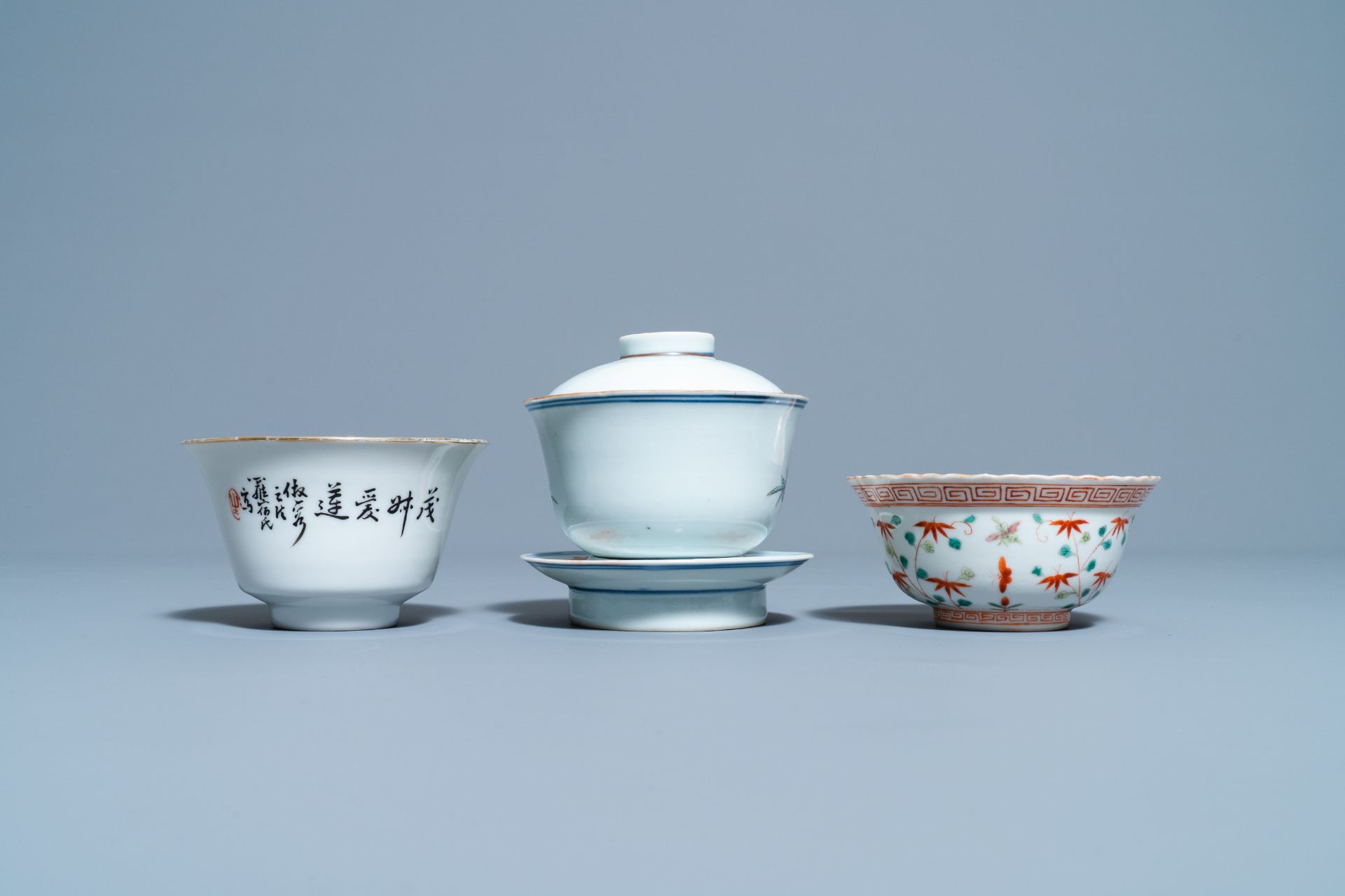 Four Chinese famille rose teapots, three bowls and a caddy, 19/20th C. - Image 17 of 20