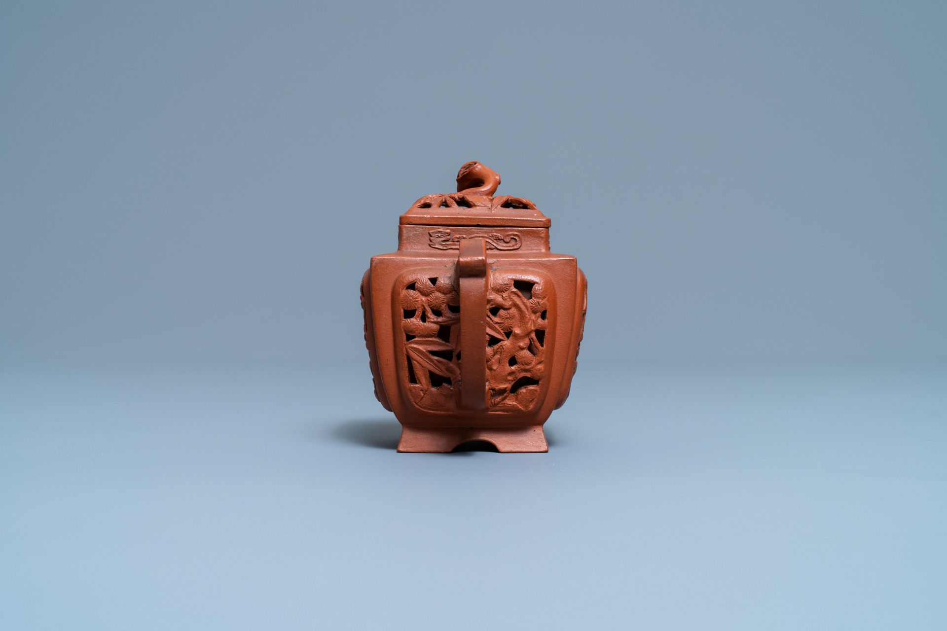 A Chinese reticulated Yixing stoneware teapot and cover, Kangxi - Image 3 of 7