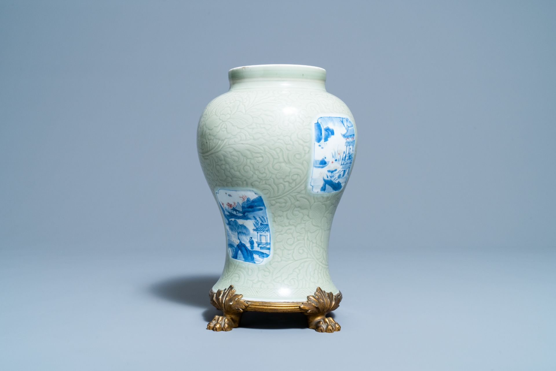 A Chinese incised celadon-glazed vase with blue, white and copper red panels, Kangxi - Image 5 of 14