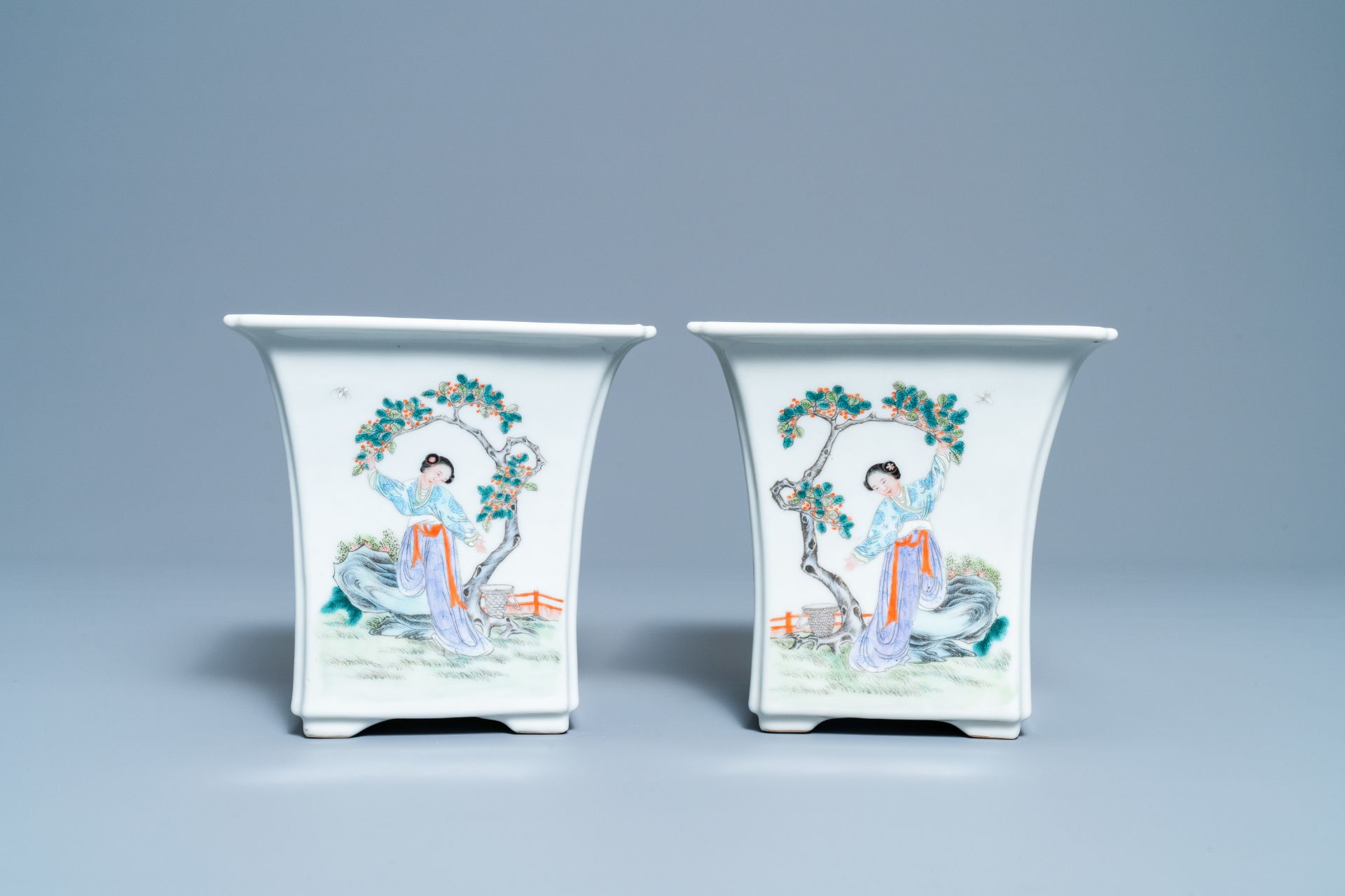 A pair of Chinese famille rose jardinières on stands, Qianlong mark, Republic - Image 5 of 10