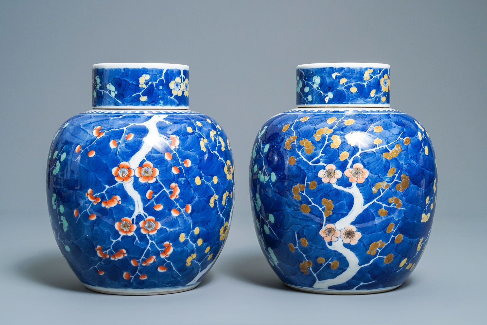 A pair of Chinese polychrome 'prunus on cracked ice' jars and covers, 19th C. - Image 2 of 9