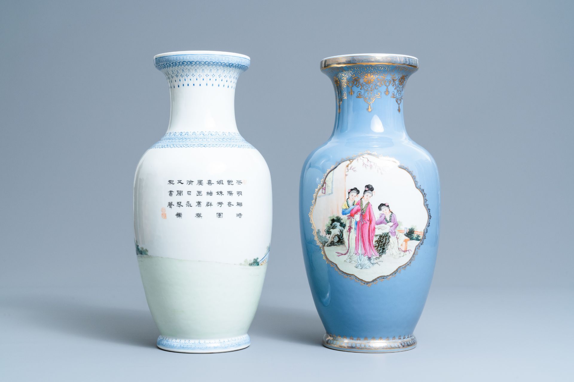 Two fine Chinese famille rose vases, Qianlong marks, Republic - Bild 3 aus 6