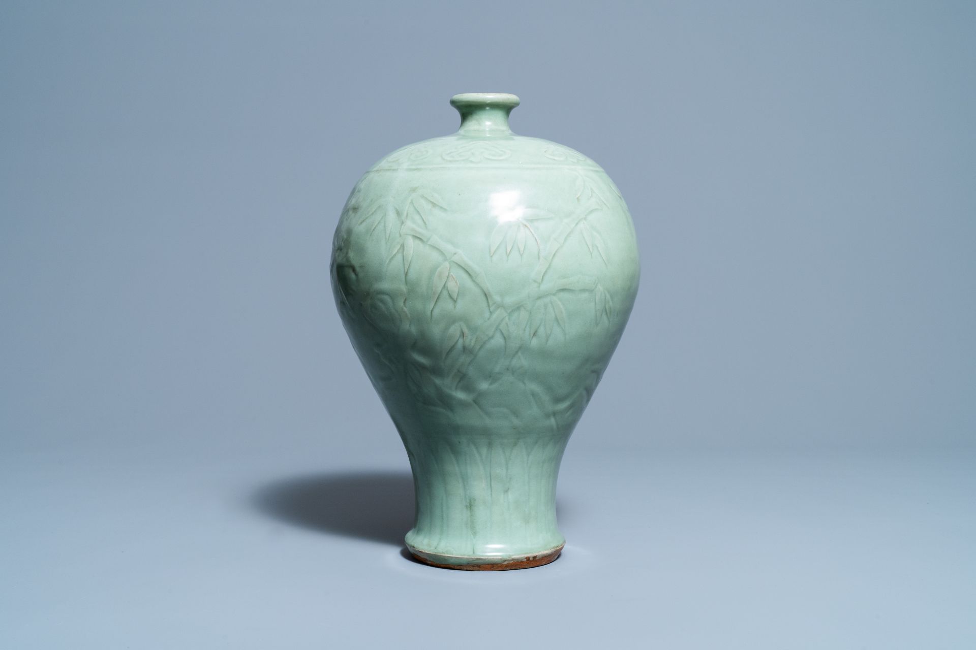 A Chinese Longquan celadon 'Three friends of winter' vase, 'meiping', Ming - Image 6 of 10