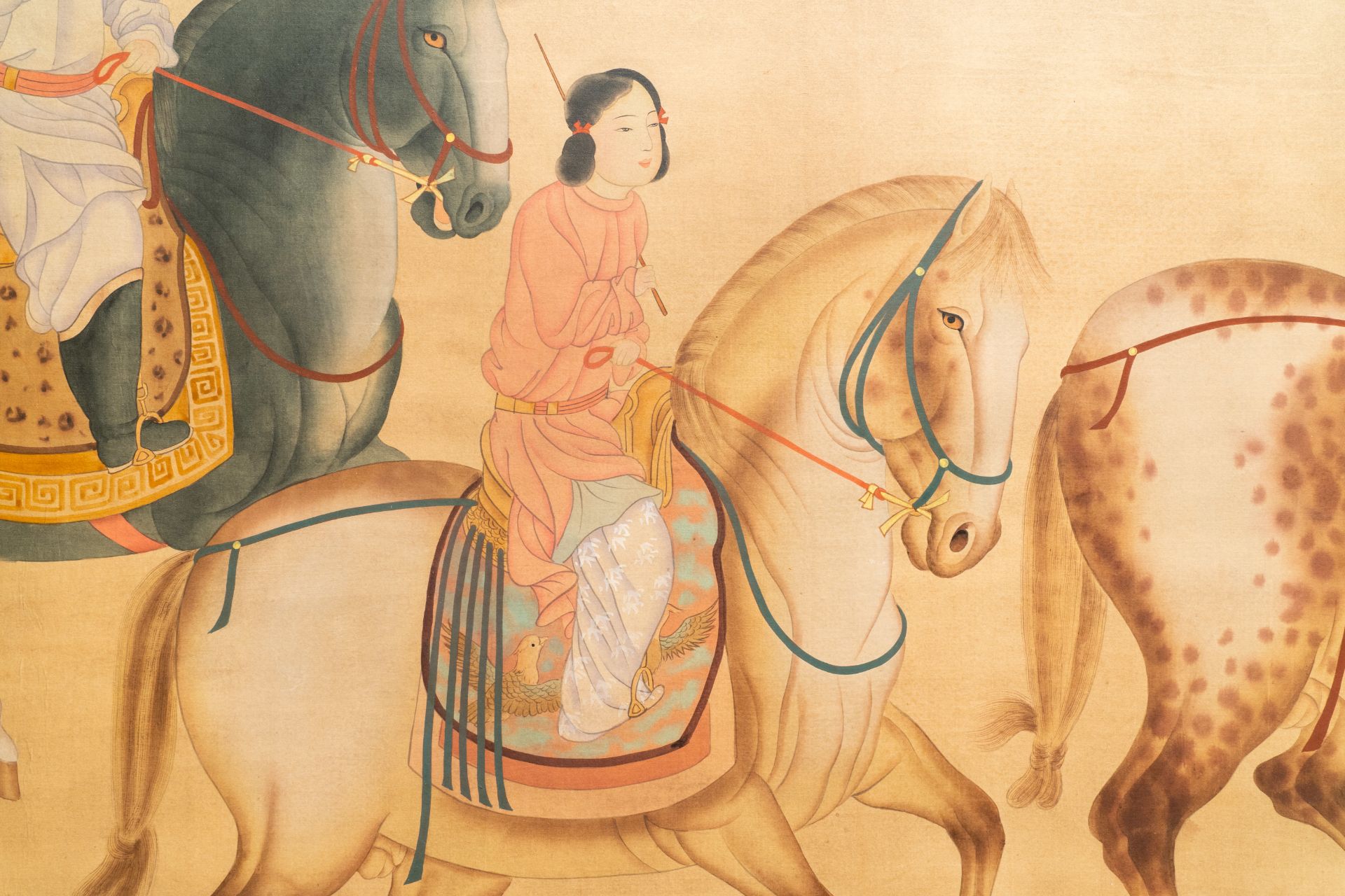 Chinese school, ink and colour on silk, 19/20th C.: 'Three horseriders' - Image 3 of 9