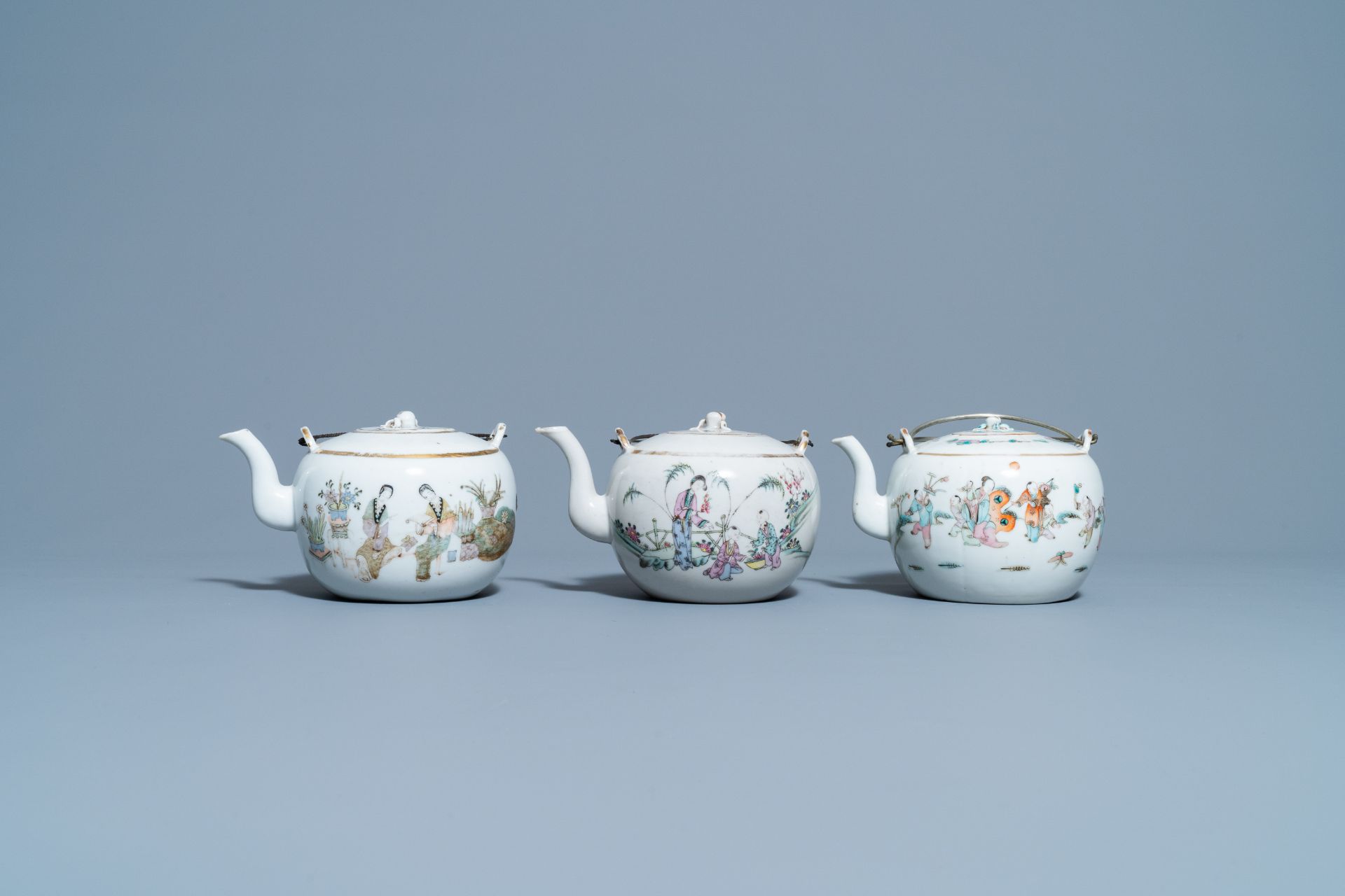 Four Chinese famille rose teapots, three bowls and a caddy, 19/20th C. - Image 3 of 20