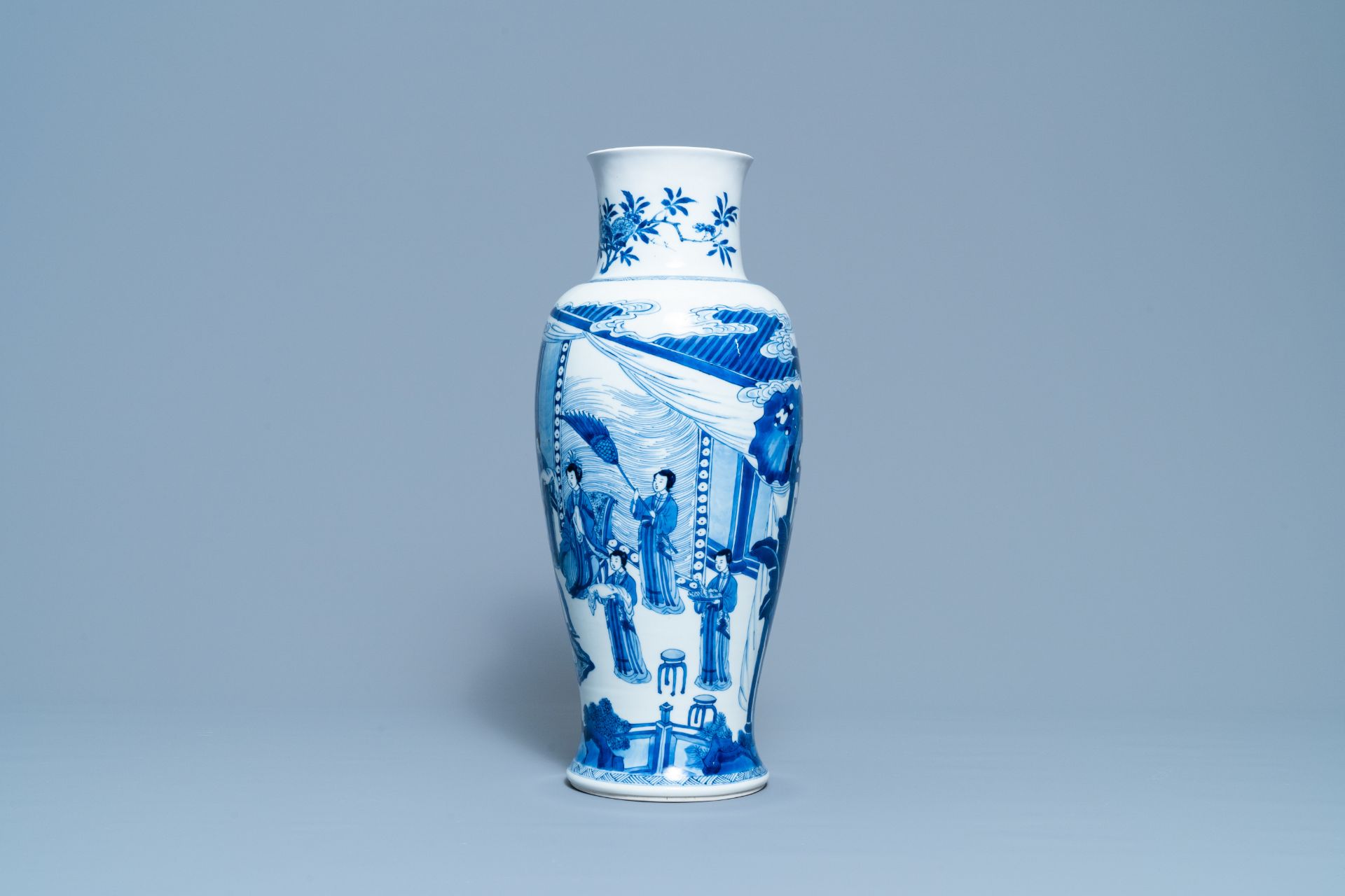 A Chinese blue and white vase with female musicians and dancers, Kangxi - Image 4 of 25