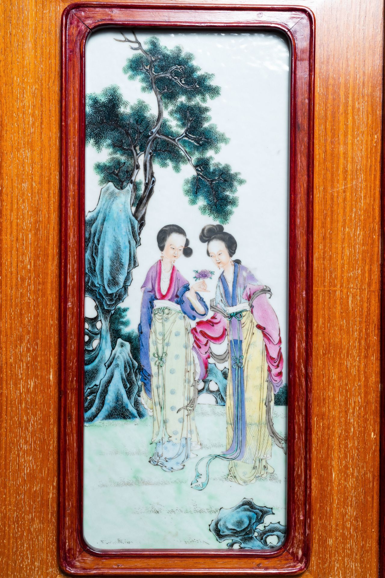 A Chinese famille rose plaque with two ladies in a garden, Republic - Image 3 of 3