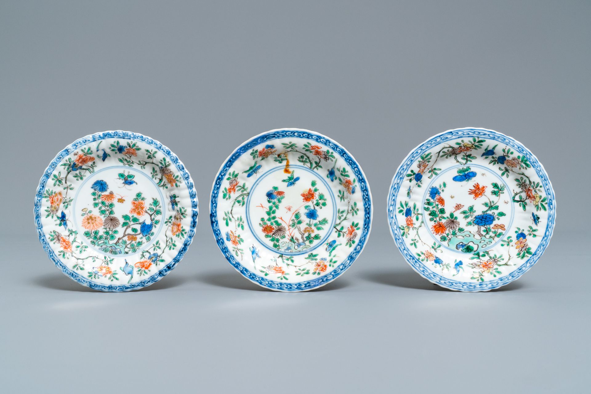 Six lobed Chinese famille verte café-au-lait-ground cups and saucers, Kangxi - Image 2 of 17