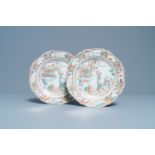 A pair of octagonal Chinese famille rose 'Mandarin acrobat' plates; Qianlong