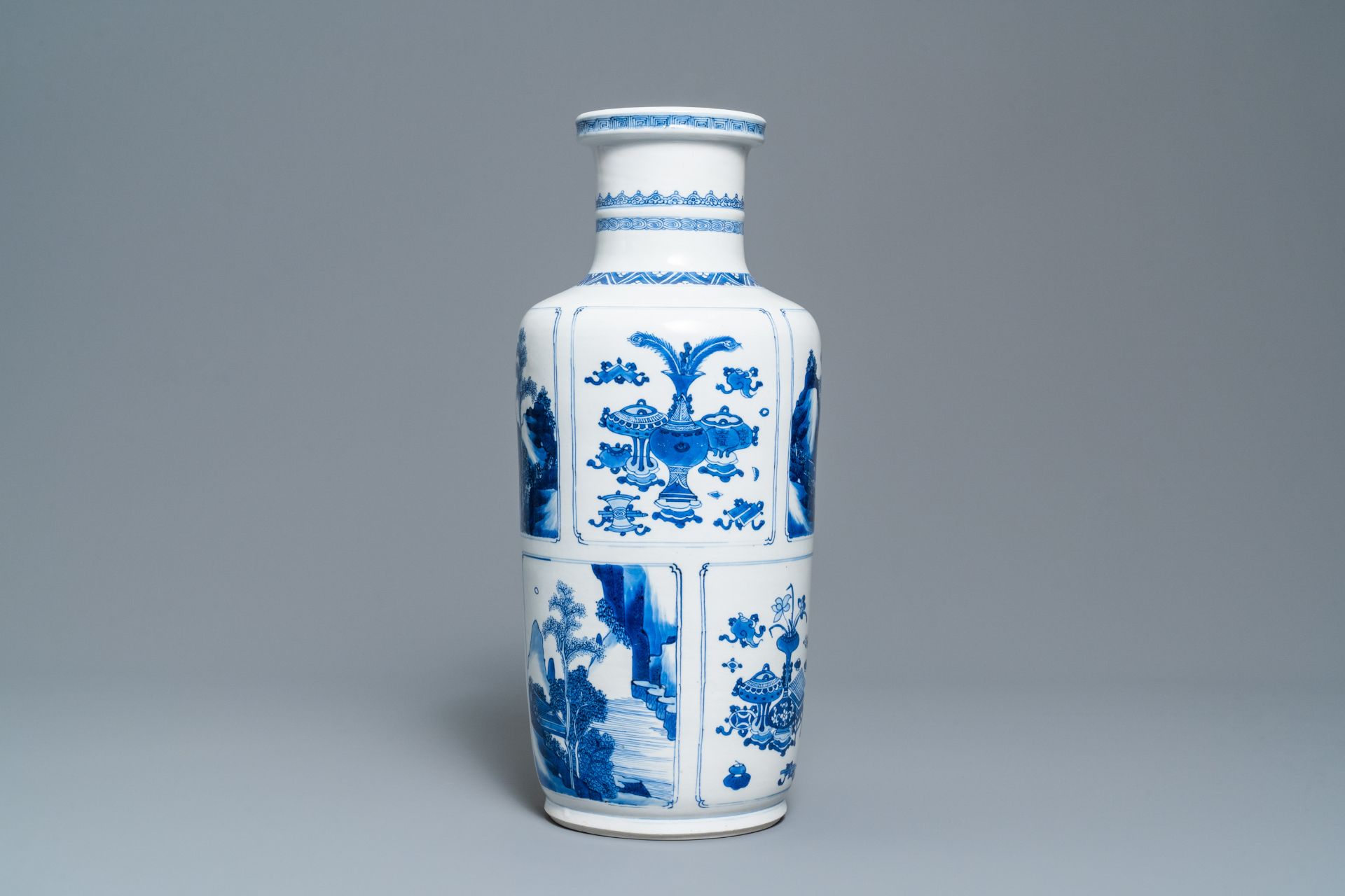 A Chinese blue and white 'antiquities and landscapes' rouleau vase, Kangxi - Image 3 of 35