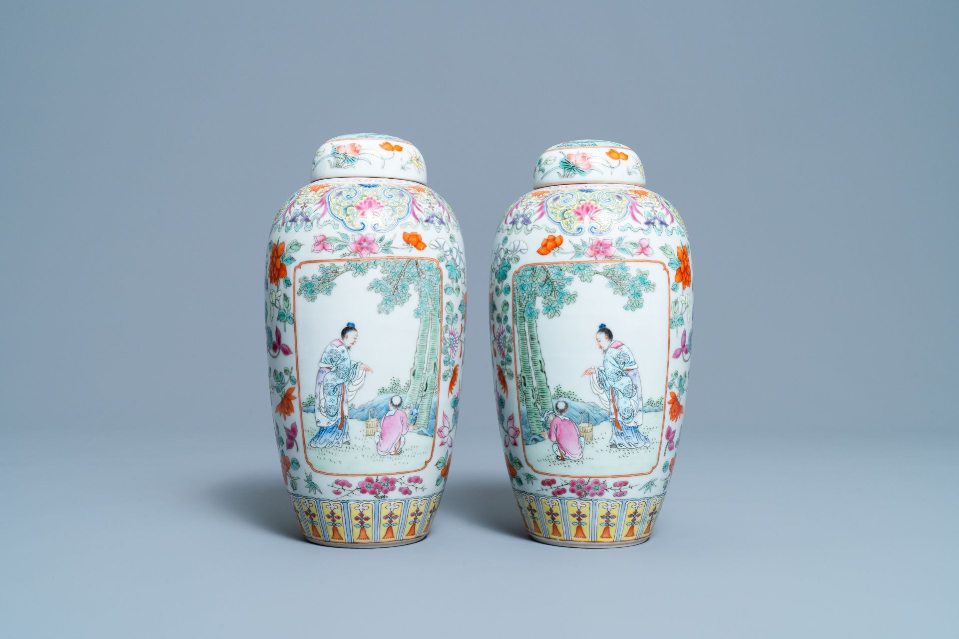 A pair of Chinese famille rose covered jars, Qianlong mark, Republic