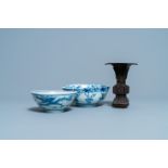 Two Chinese blue and white bowls and a bronze vase, Ming