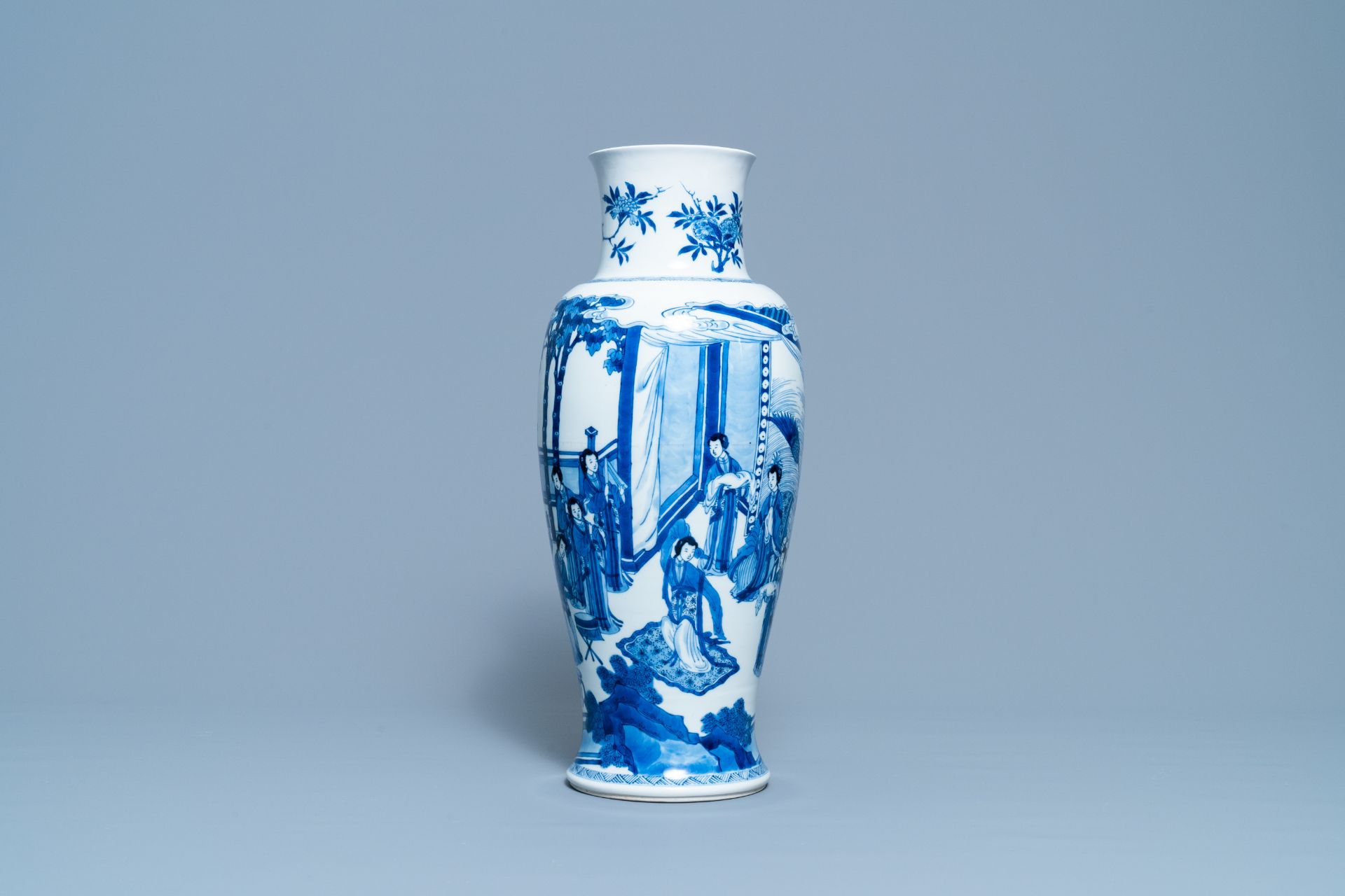 A Chinese blue and white vase with female musicians and dancers, Kangxi