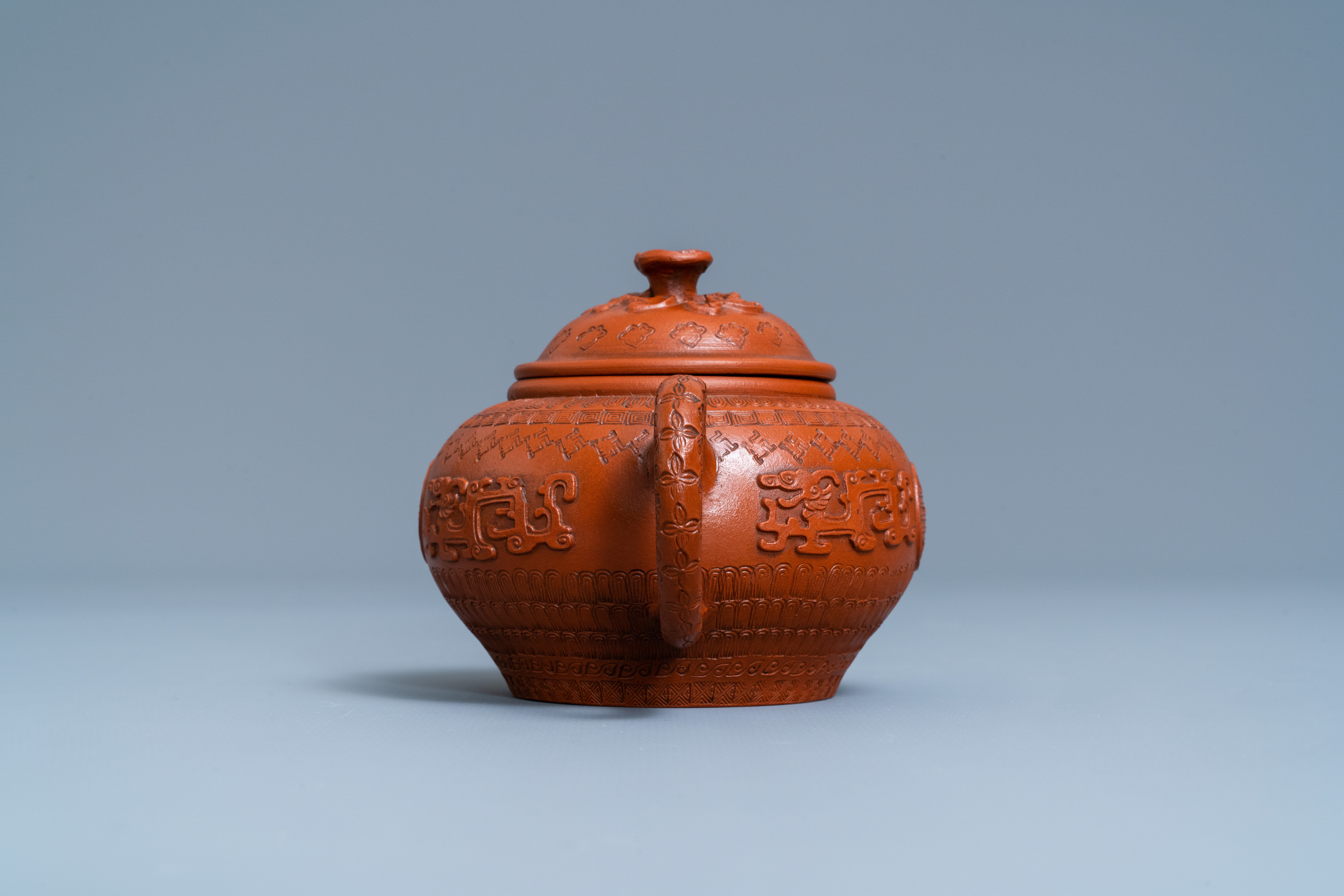 A Chinese Yixing stoneware teapot and cover with applied and impressed design, Kangxi - Image 5 of 7