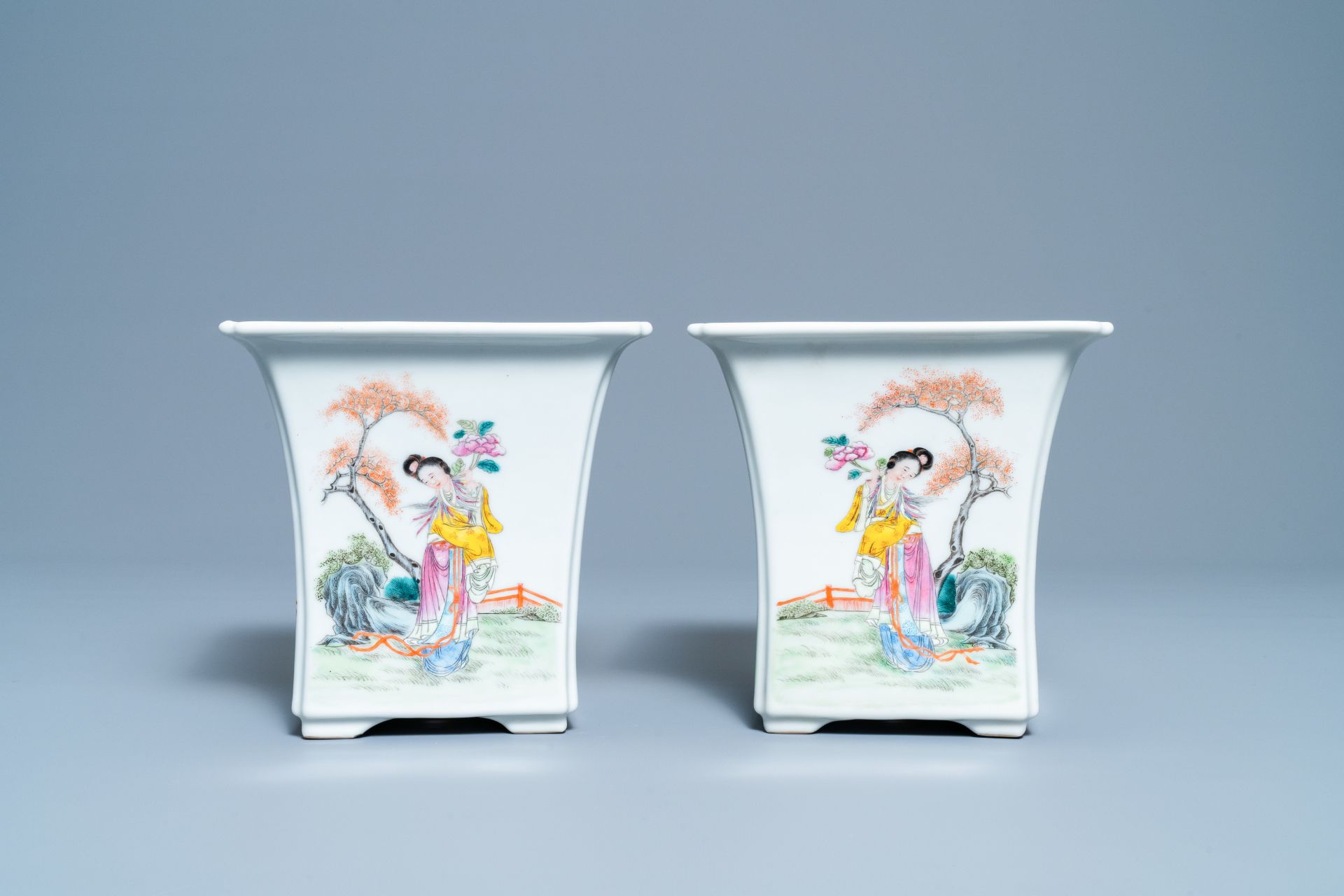 A pair of Chinese famille rose jardinières on stands, Qianlong mark, Republic - Image 6 of 10