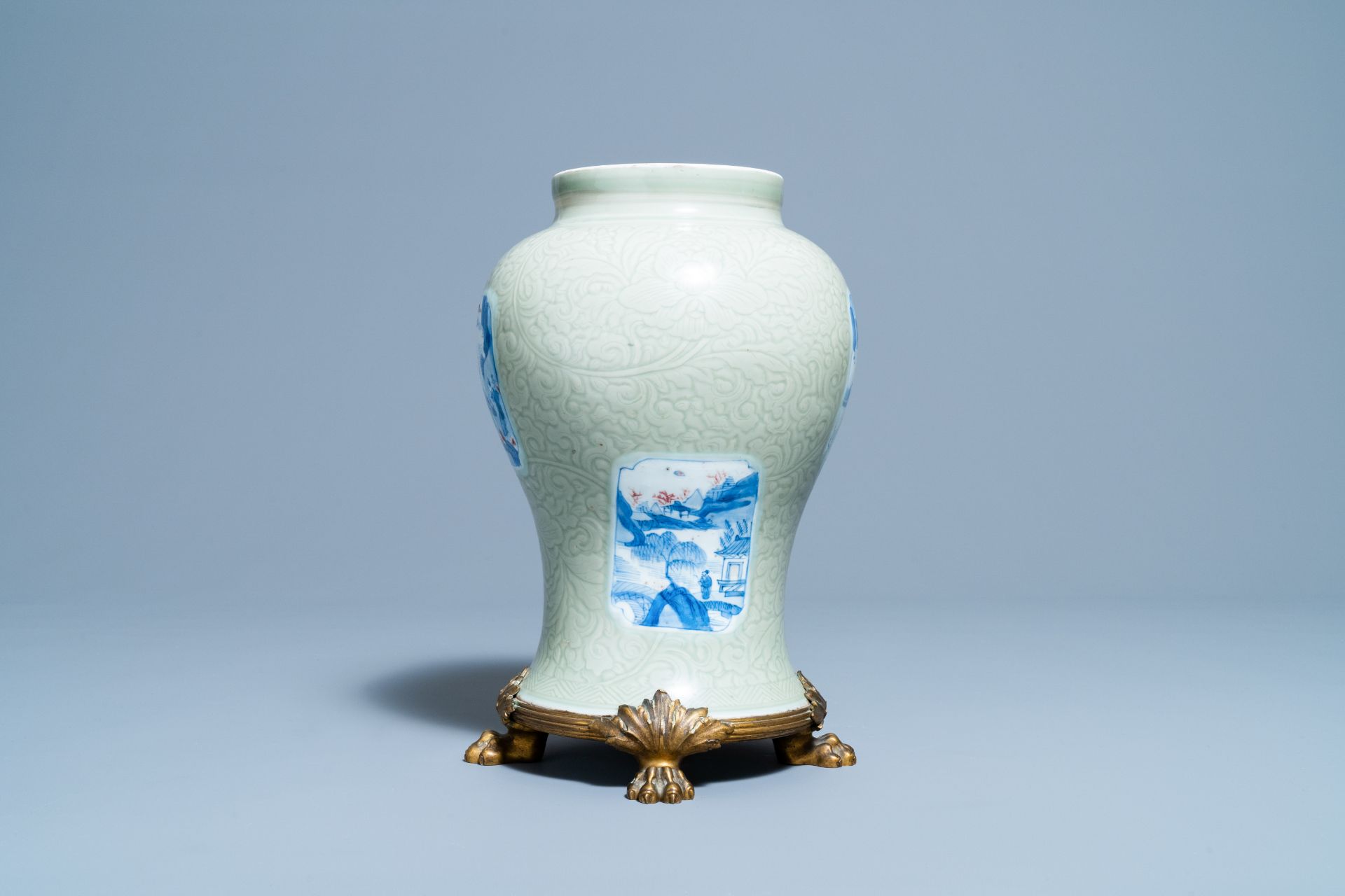 A Chinese incised celadon-glazed vase with blue, white and copper red panels, Kangxi - Image 3 of 14