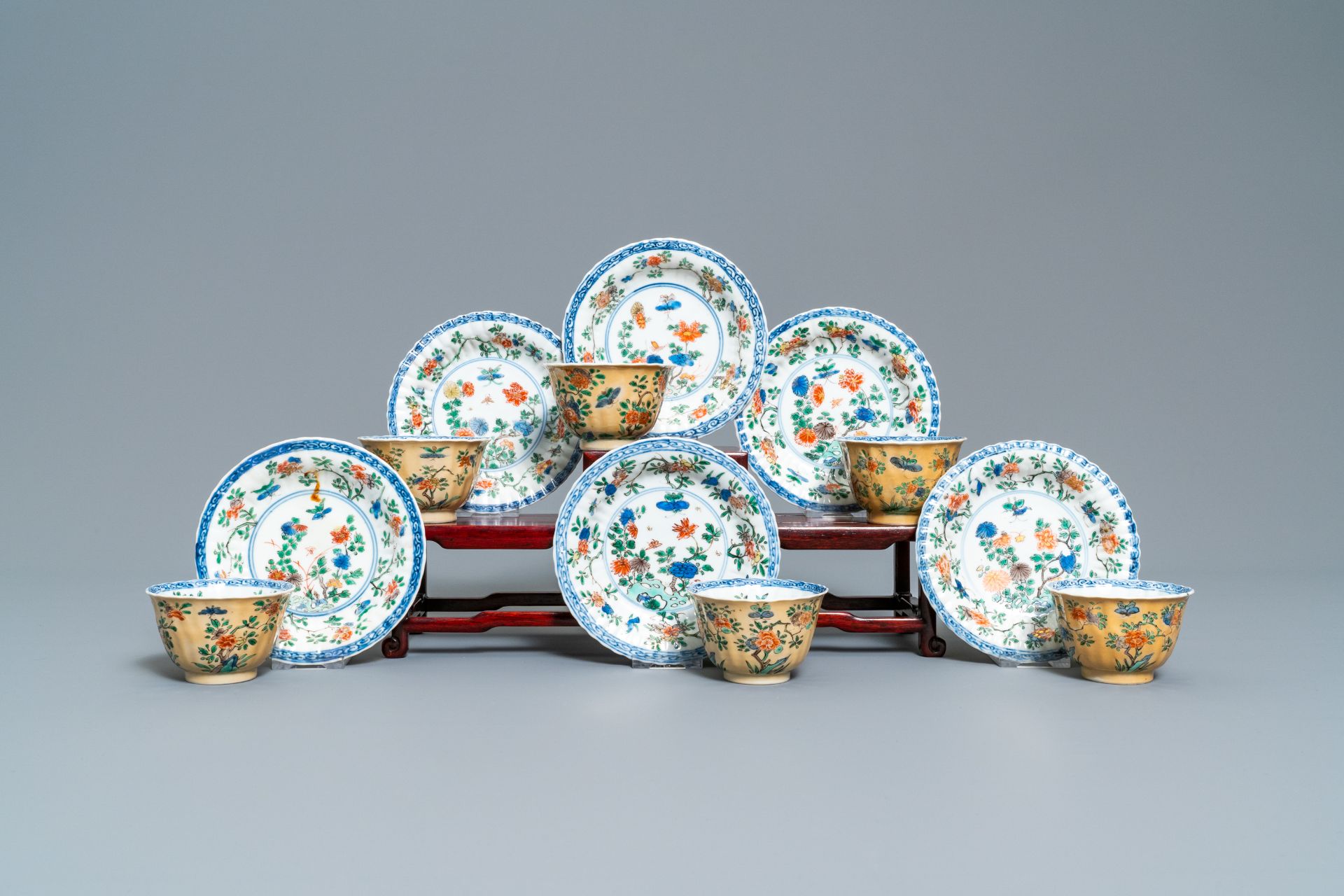 Six lobed Chinese famille verte café-au-lait-ground cups and saucers, Kangxi