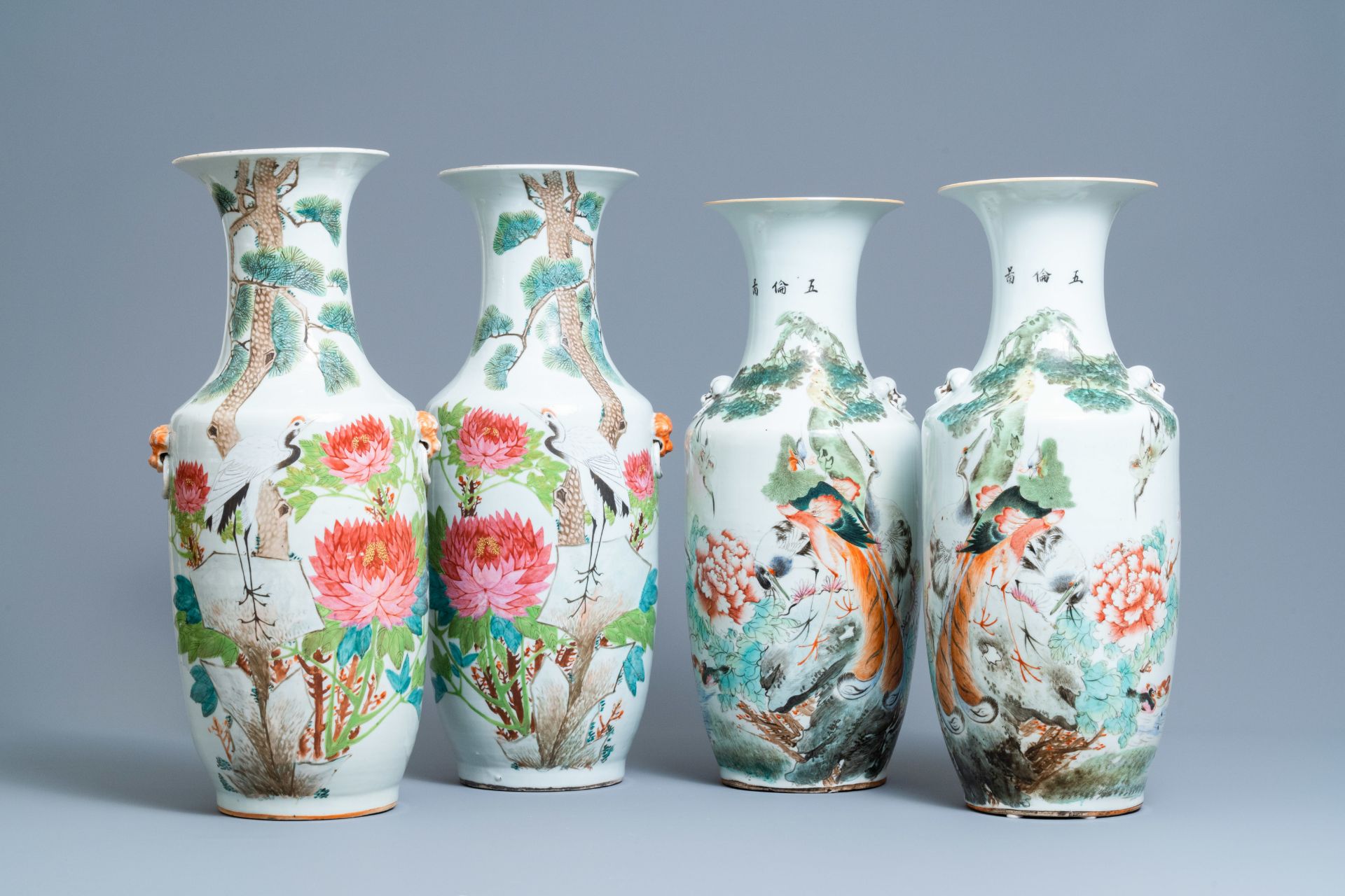 Two pairs of Chinese qianjiang cai vases with birds, 19/20th C.