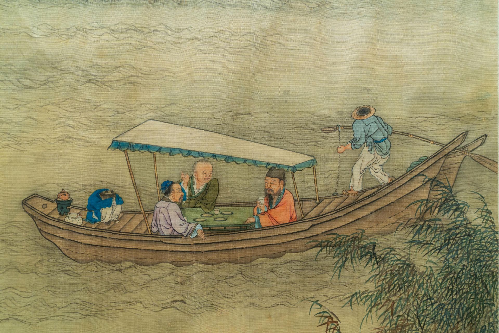 Chinese school, ink and colour on silk, 18/19th C.: 'Tea party on the water' - Image 5 of 5