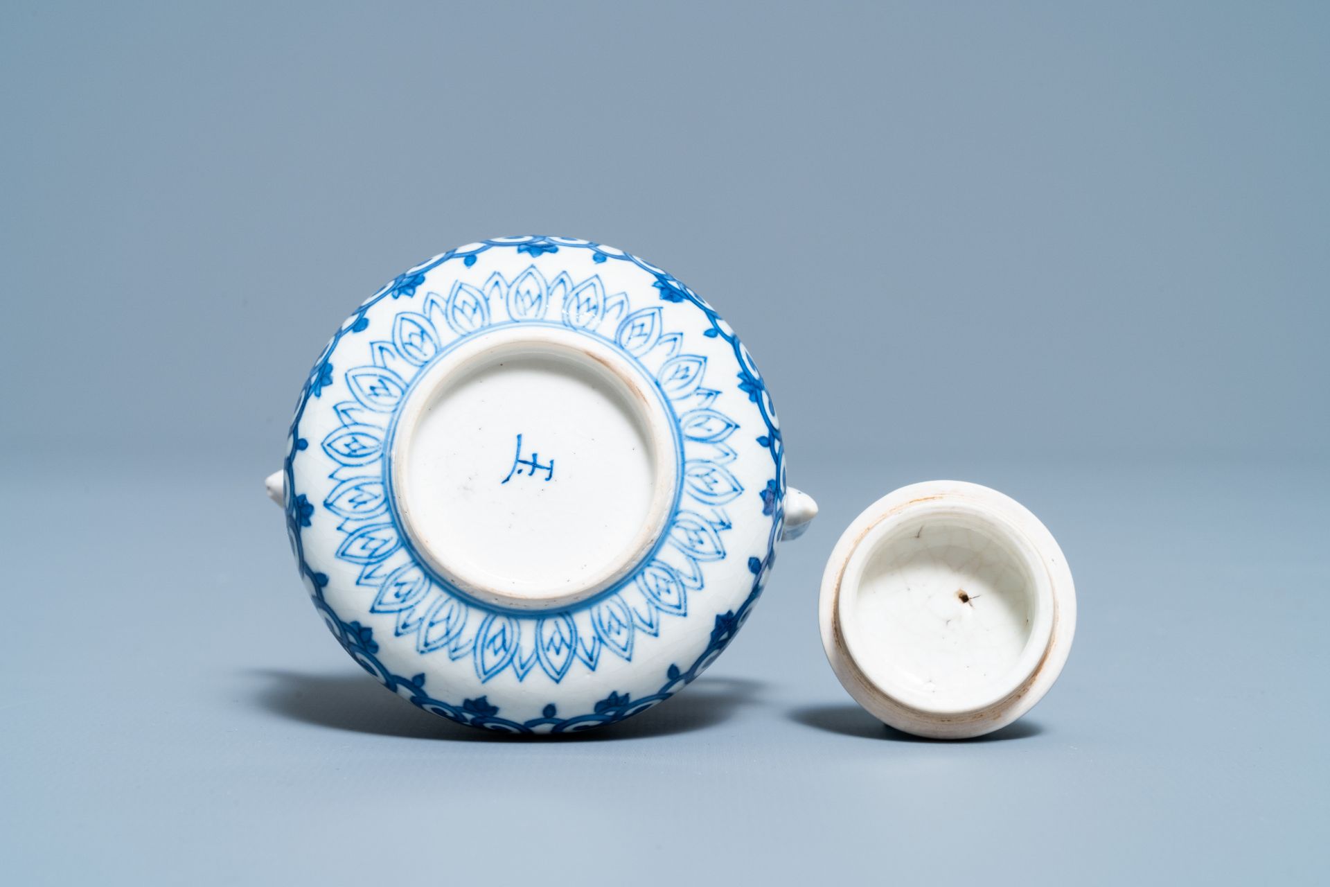 A Chinese blue and white soft paste miniature teapot, Kangxi - Image 6 of 7