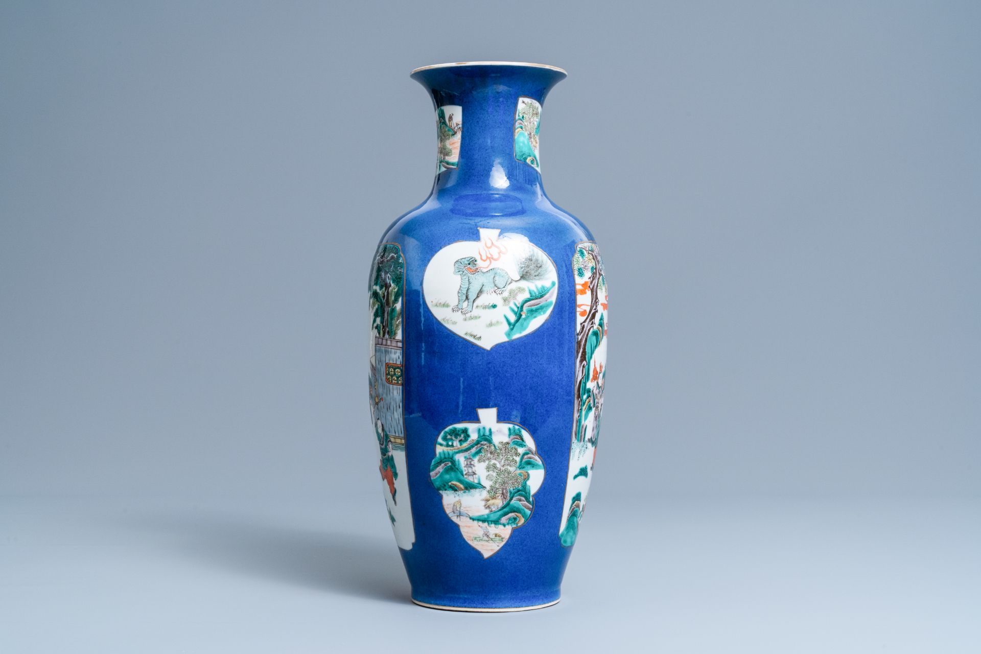 A Chinese famille verte powder blue-ground vase, 19th C. - Image 4 of 6