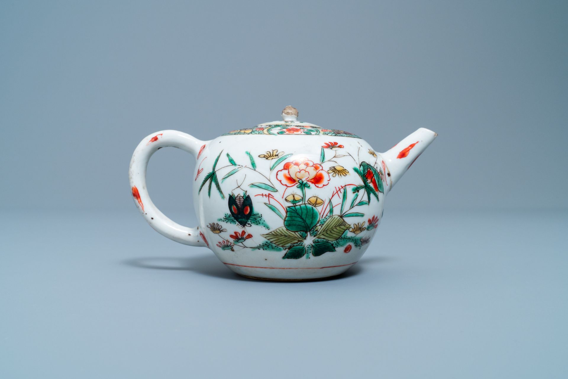 Two Chinese famille verte cup stands, a teapot and a plate, Kangxi - Image 8 of 34