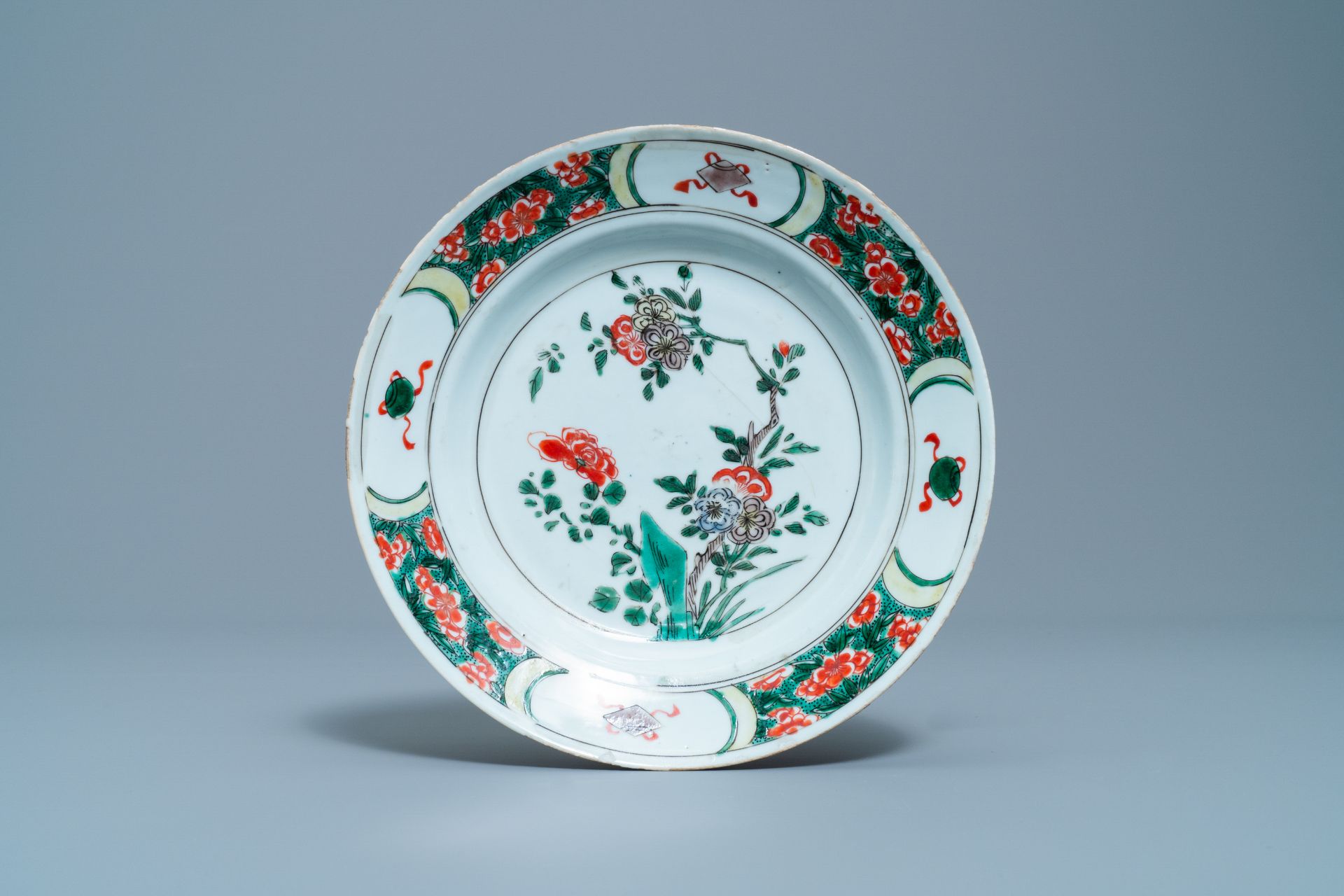 Two Chinese famille verte cup stands, a teapot and a plate, Kangxi - Image 4 of 34