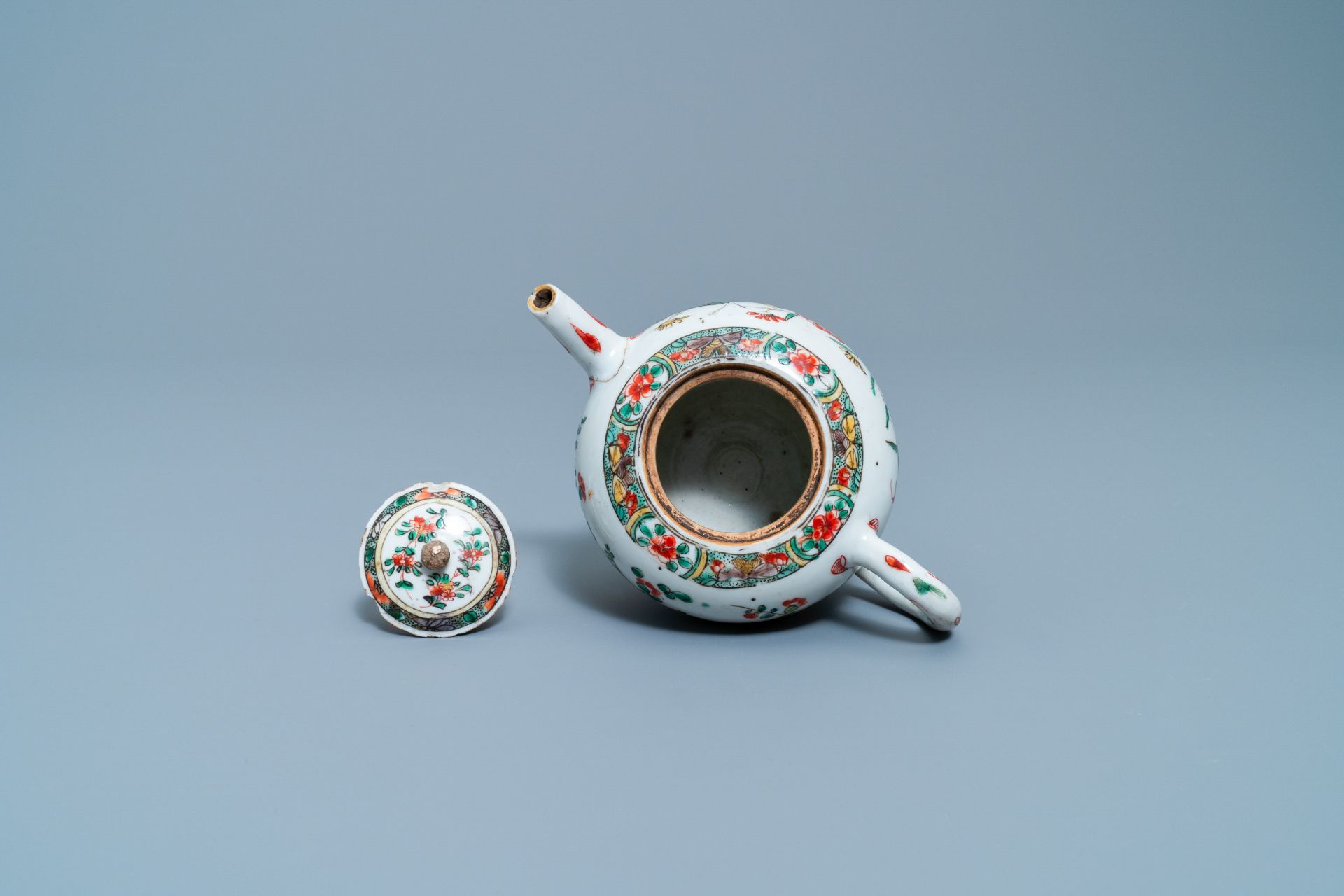 Two Chinese famille verte cup stands, a teapot and a plate, Kangxi - Image 10 of 34