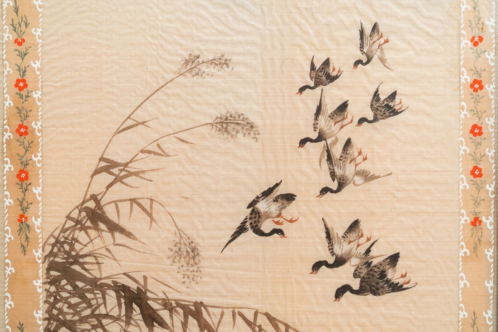 Chinese school, ink and colour on textile, 19/20th C.: 'Birds & ducks near blossoming branches' - Image 2 of 7