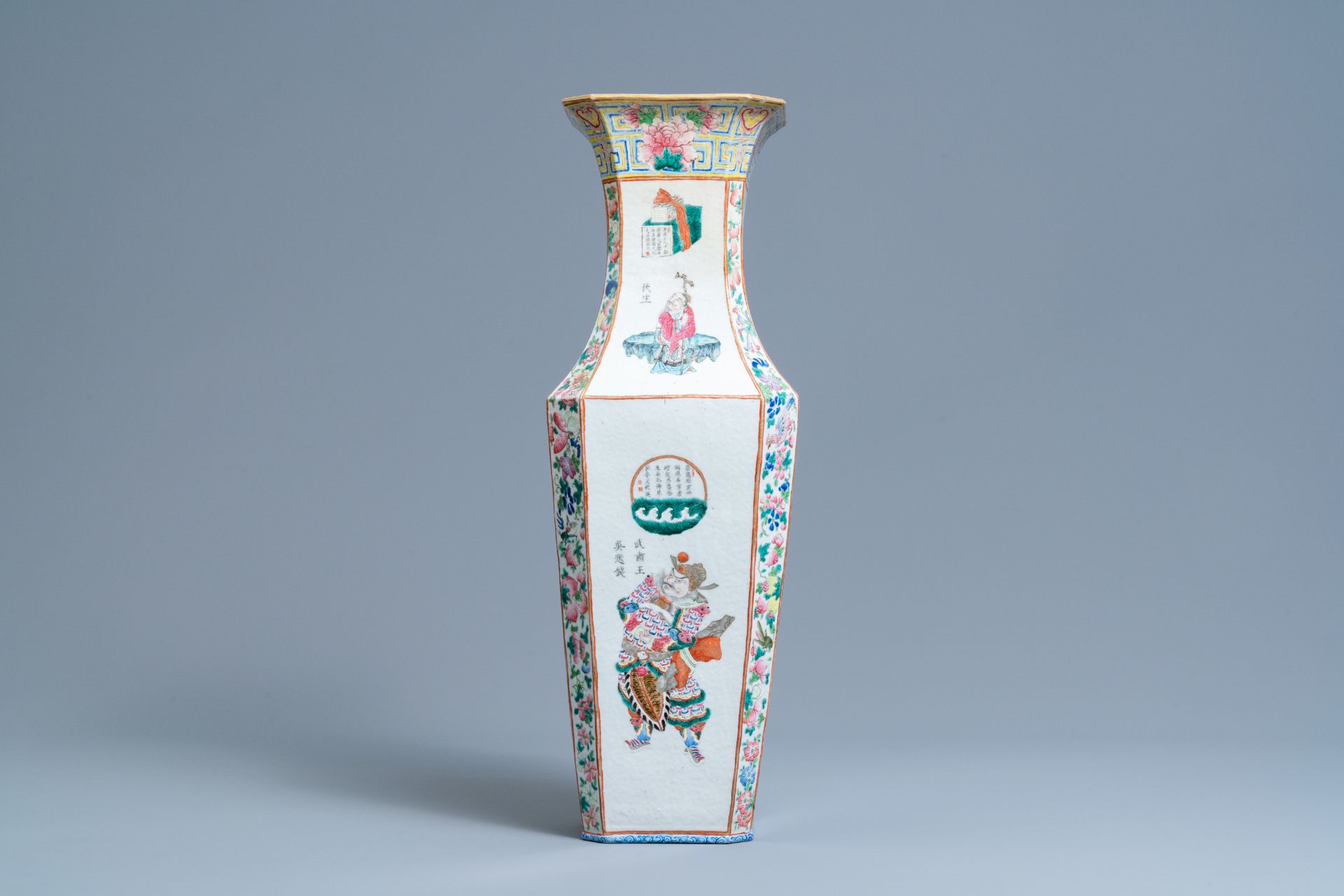A quadrangular Chinese famille rose 'Wu Shuang Pu' vase, 19th C. - Image 5 of 7