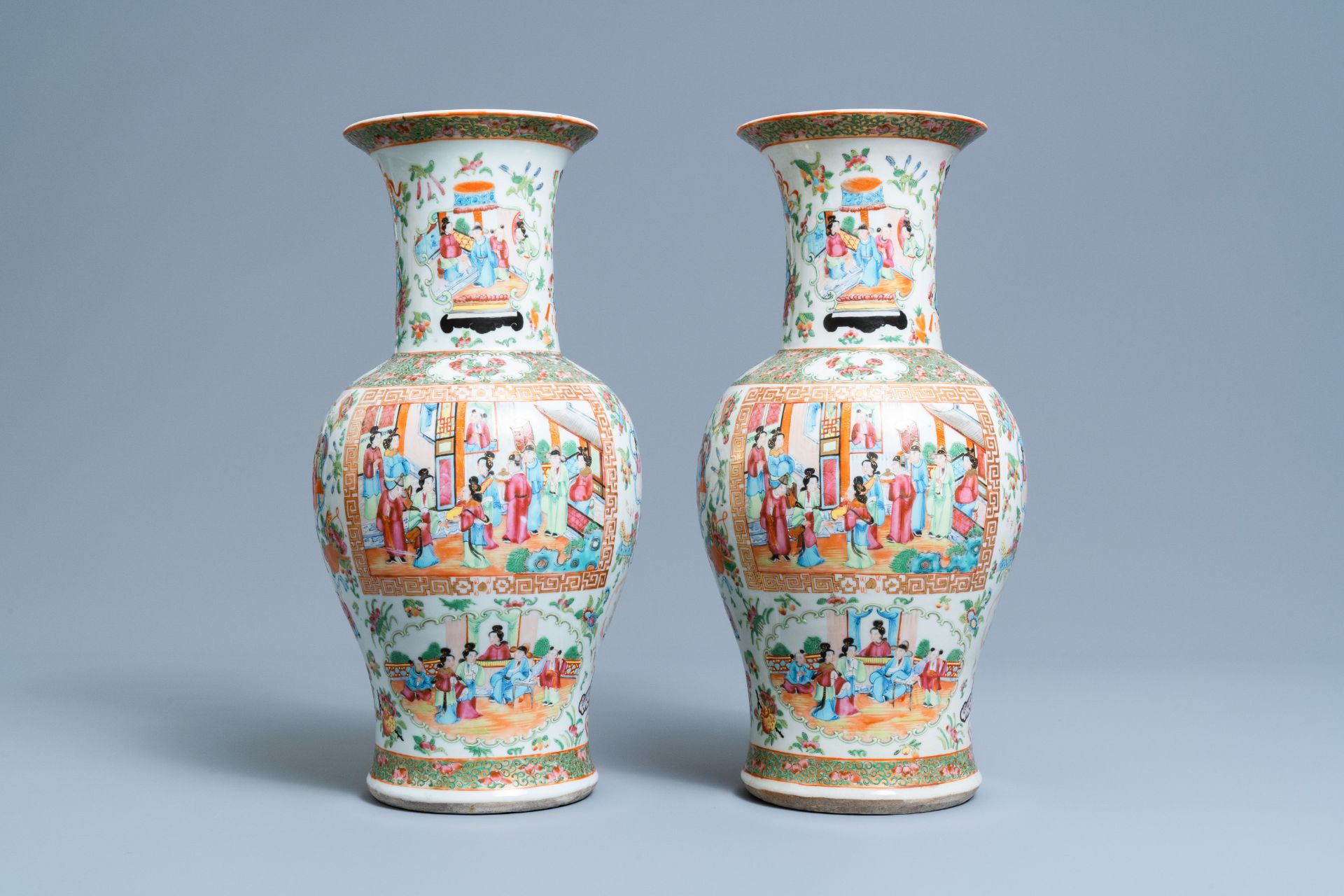 A pair of Chinese Canton famille rose vases, 19th C. - Image 3 of 6