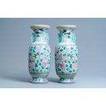 A pair of Chinese famille rose celadon-ground 'dragon' vases, 19th C.