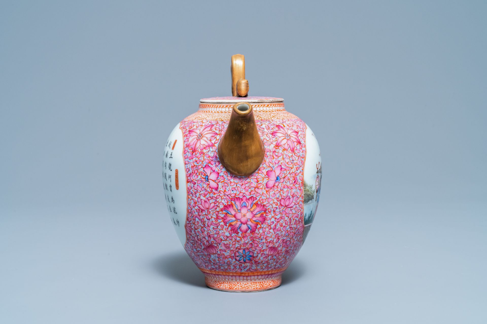 A tall Chinese famille rose wine ewer and cover, Qianlong mark, Republic - Image 5 of 7