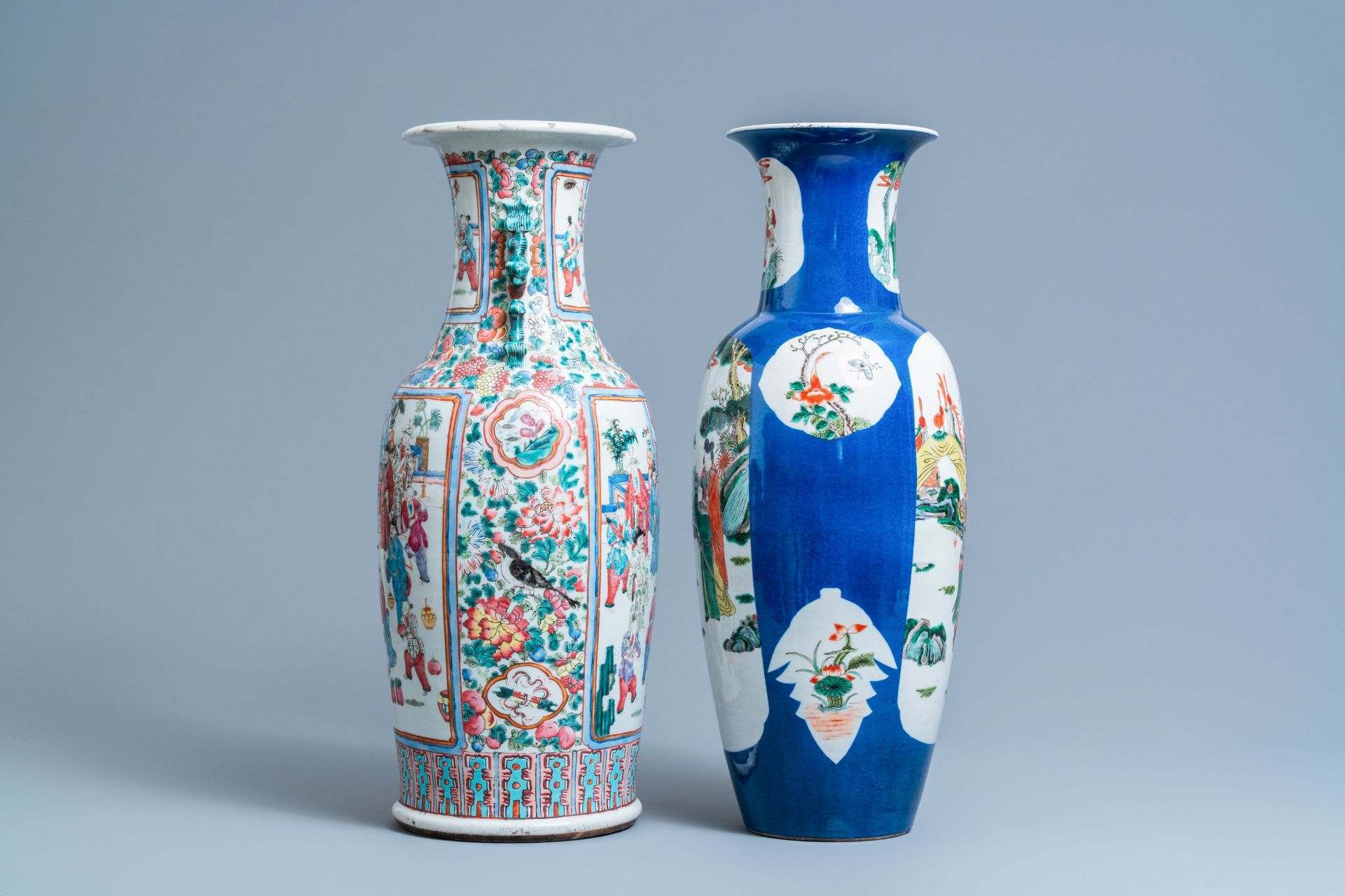 A Chinese famille rose vase and a famille verte powder blue-ground vase, 19th C. - Image 2 of 6