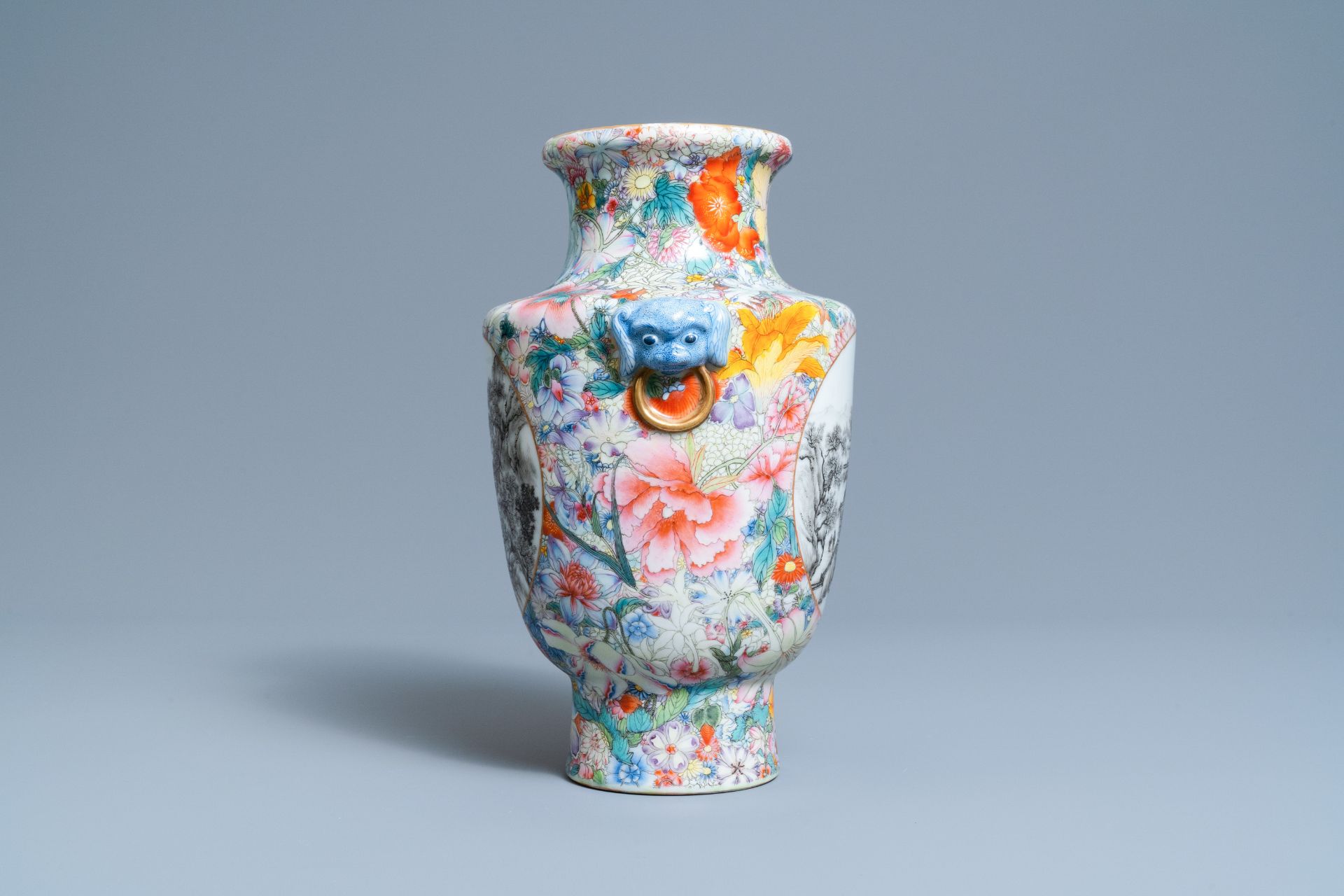 A Chinese famille rose millefleurs vase with grisaille landscape panels, Qianlong mark, Republic - Image 2 of 6