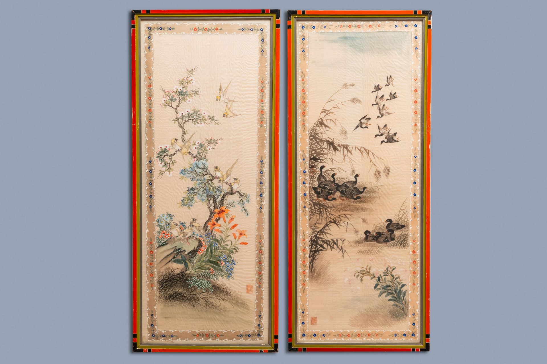 Chinese school, ink and colour on textile, 19/20th C.: 'Birds & ducks near blossoming branches'