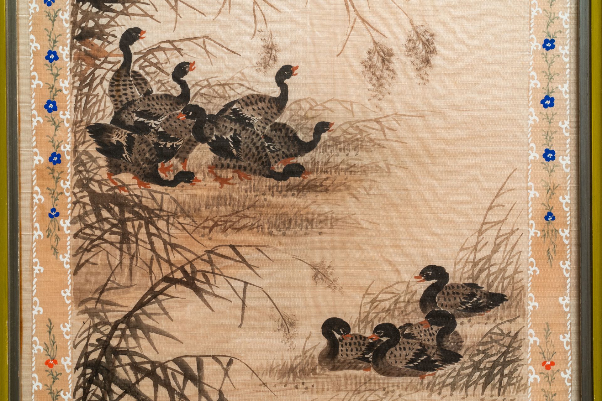 Chinese school, ink and colour on textile, 19/20th C.: 'Birds & ducks near blossoming branches' - Image 3 of 7