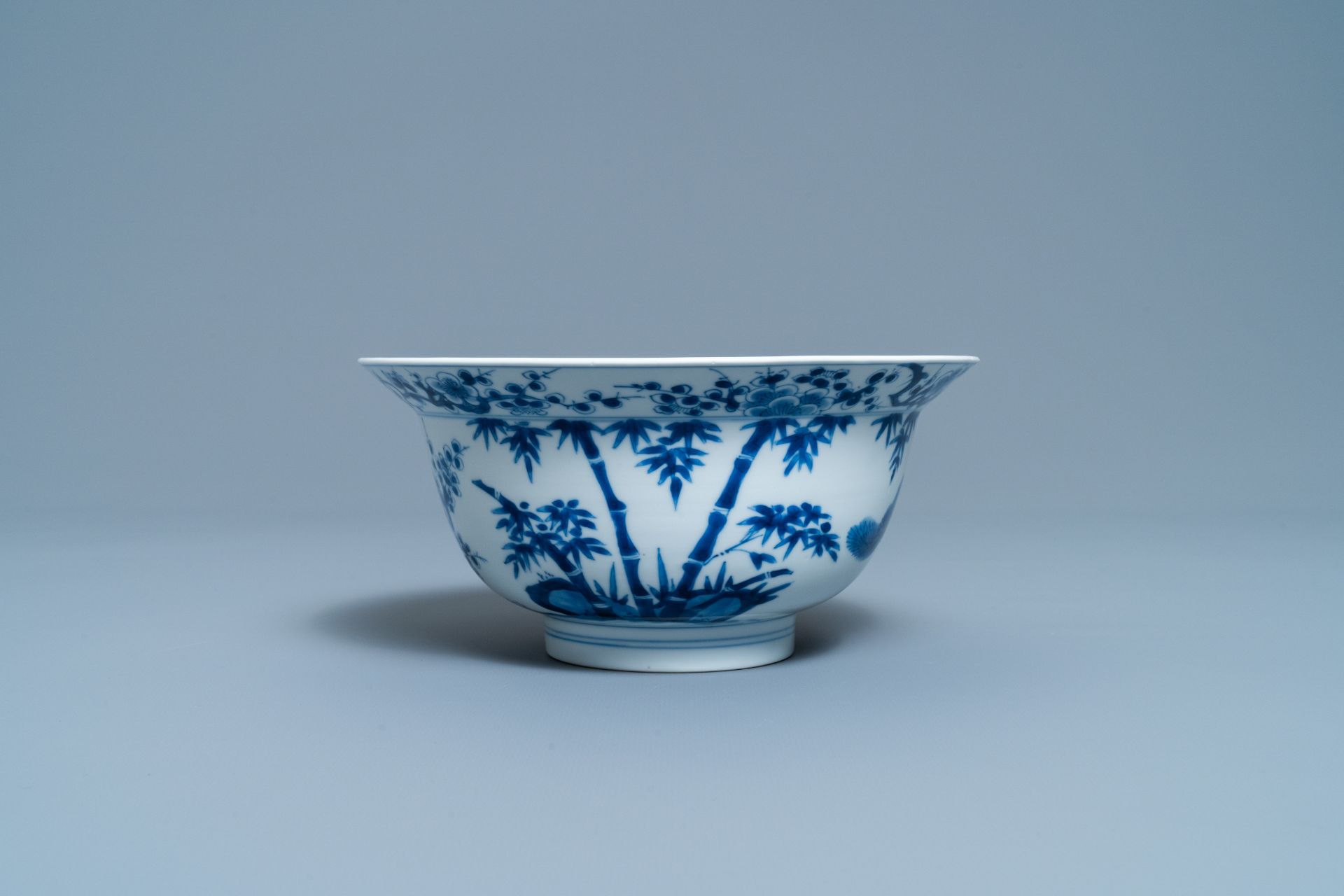A Chinese blue and white 'Three friends of winter' bowl, Kangxi mark & period - Image 3 of 6