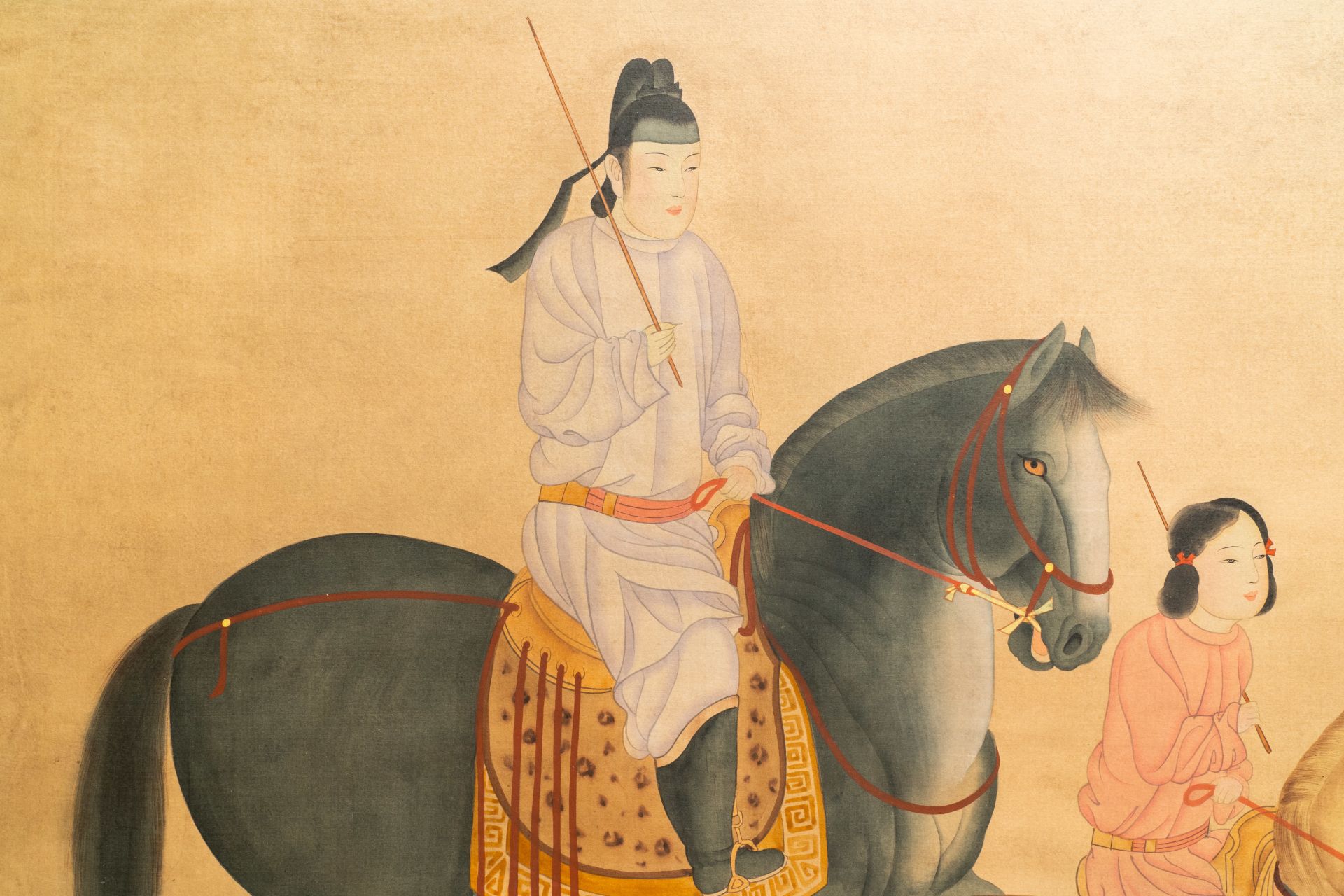 Chinese school, ink and colour on silk, 19/20th C.: 'Three horseriders' - Image 2 of 9