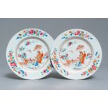 A pair of Chinese famille rose plates after Cornelis Pronk: 'Dames au parasol', Qianlong