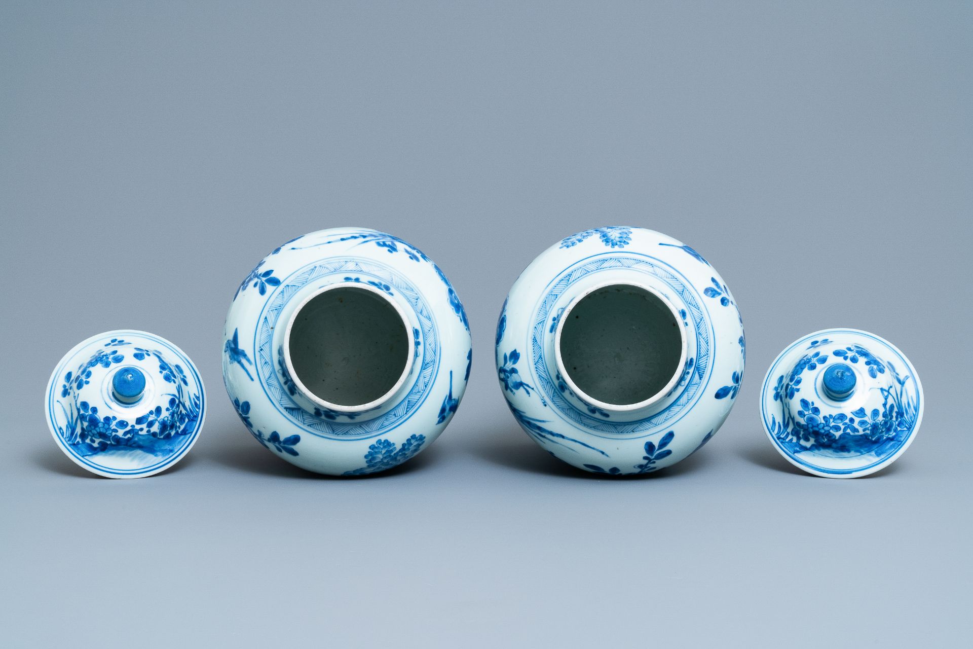 A pair of Chinese blue & white baluster vases & covers with birds, Kangxi - Image 5 of 16