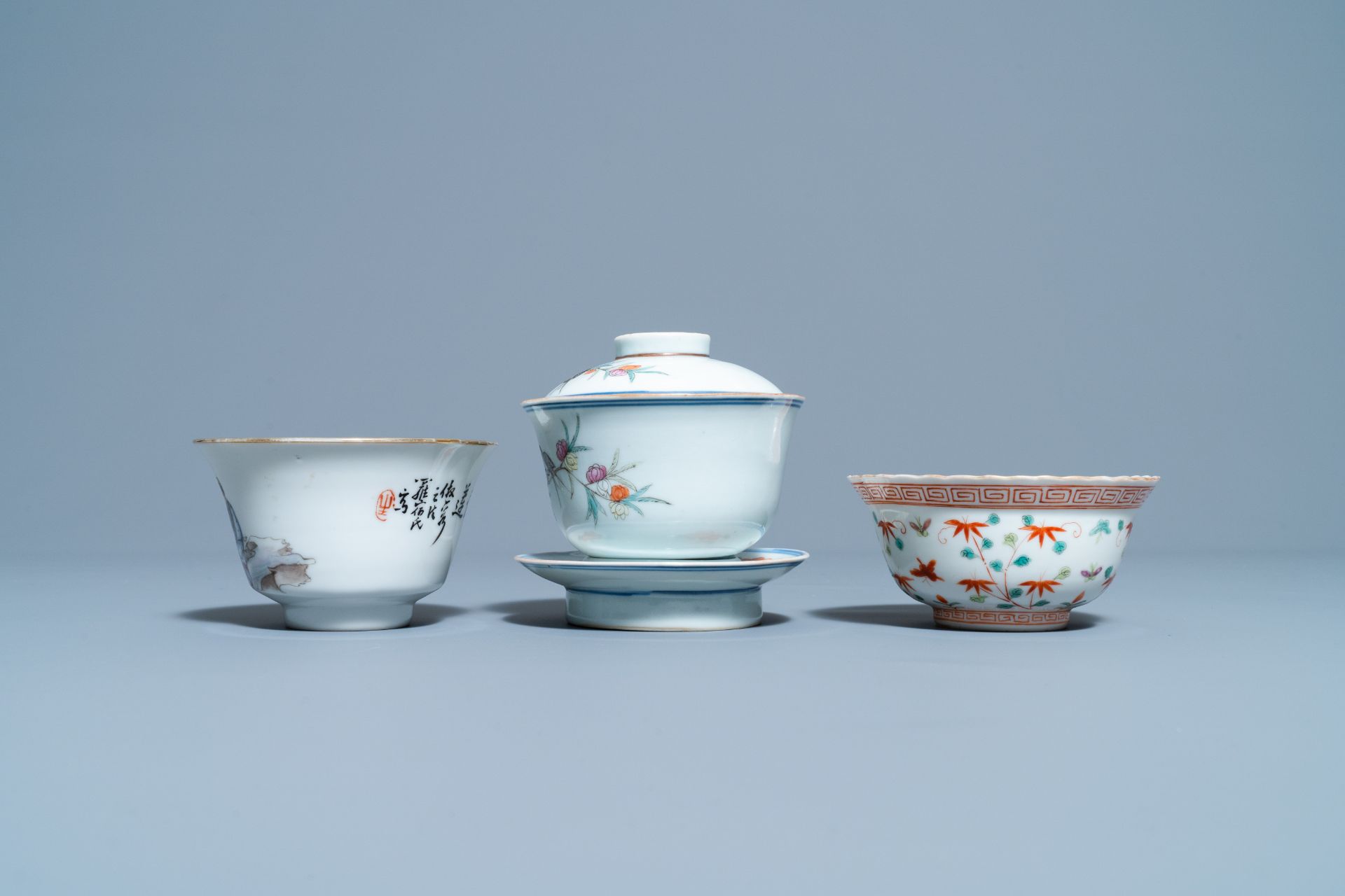 Four Chinese famille rose teapots, three bowls and a caddy, 19/20th C. - Image 16 of 20
