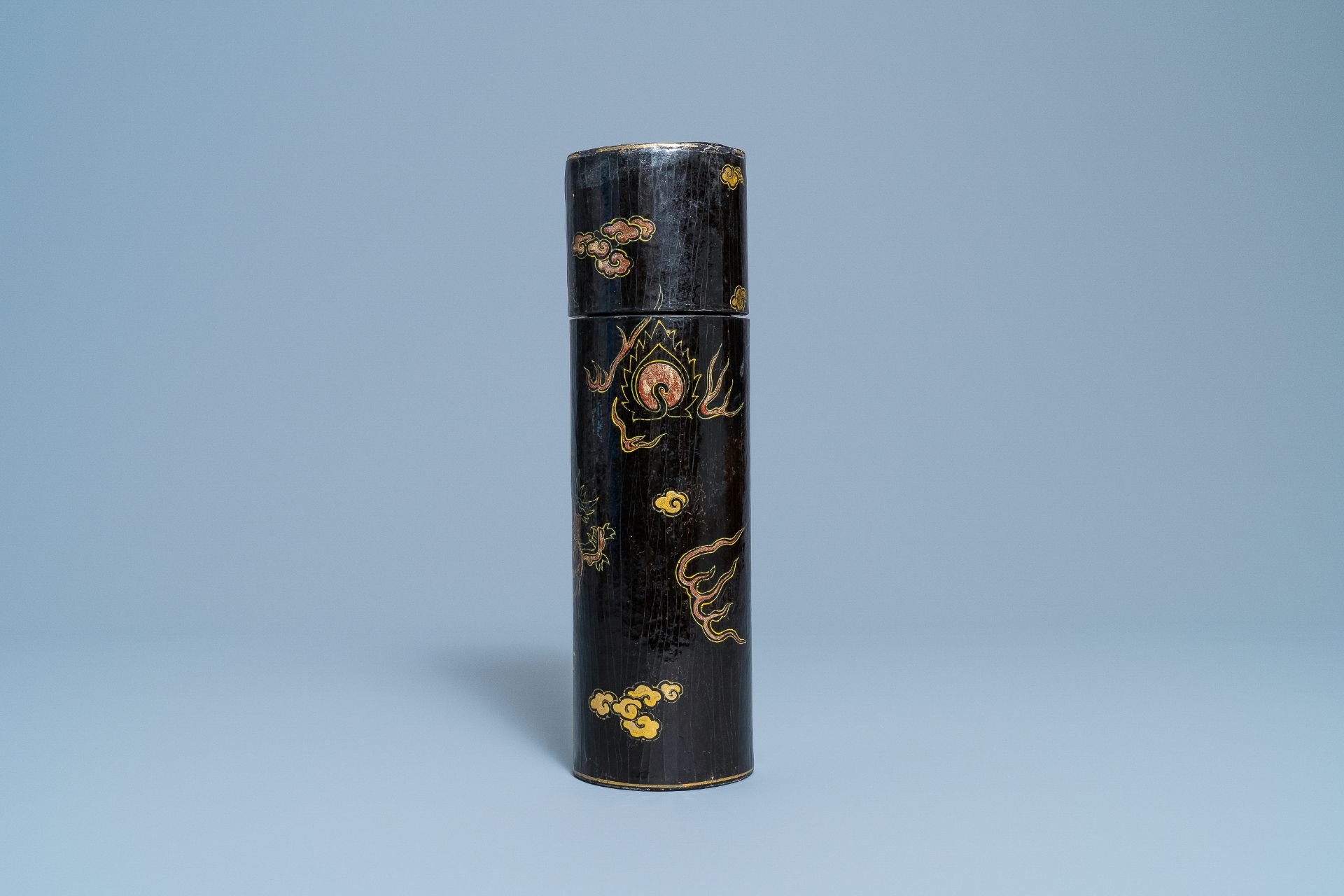 An imperial Chinese cylindrical painted and lacquered wood edict container, 17/18th C. - Image 3 of 34