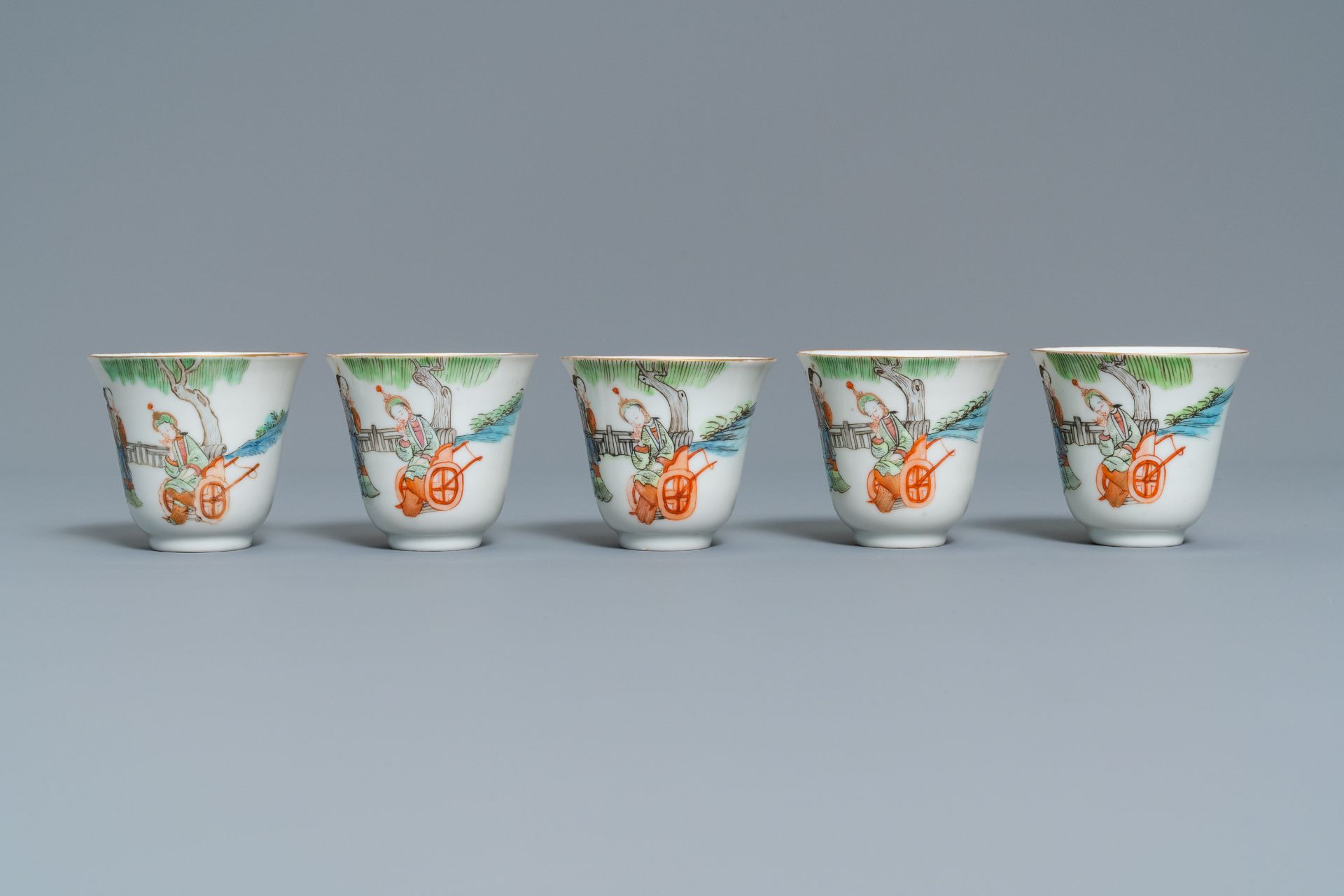 Five Chinese famille rose cups and saucers, Tongzhi mark and of the period - Image 7 of 17